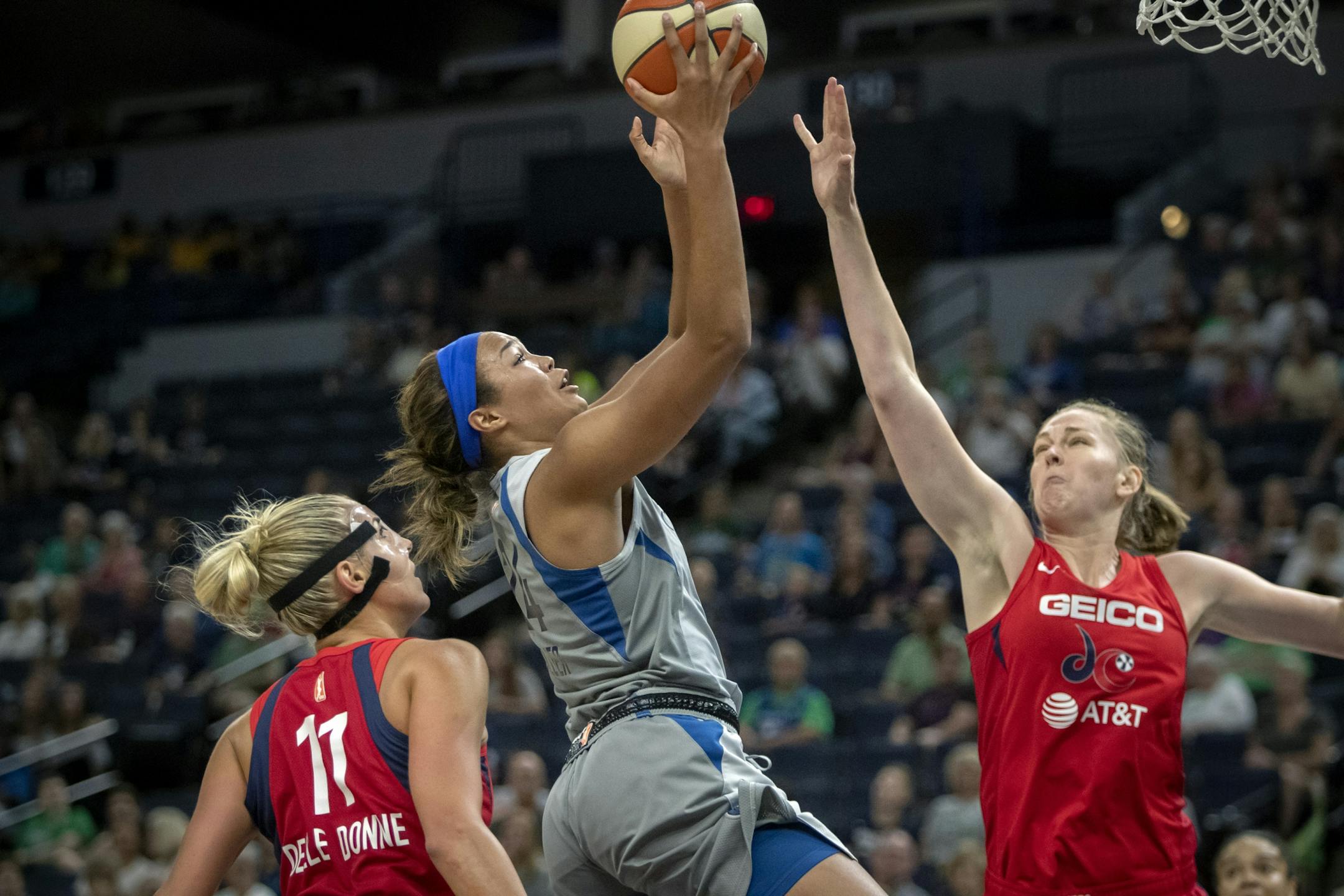 Napheesa Collier (center) during a game earlier this season vs. Washington.