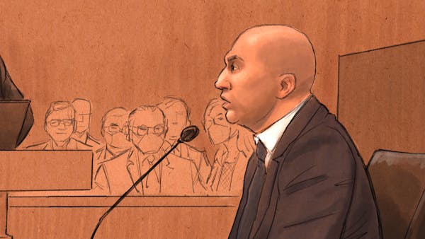 In this courtroom sketch, former Minneapolis police officer J. Alexander Kueng testified Wednesday in St. Paul.