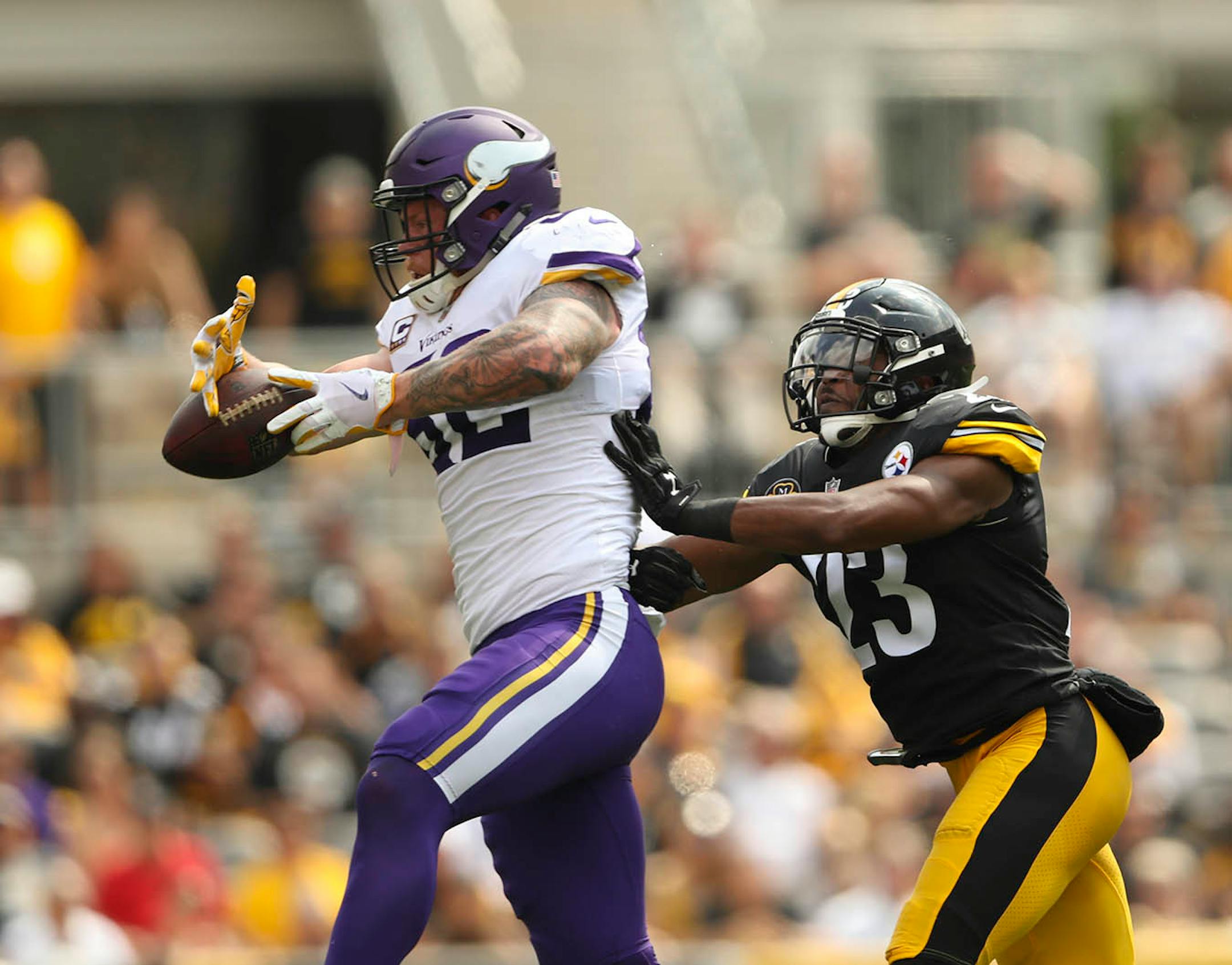 Pittsburgh Steelers free safety Mike Mitchell (23) caused Minnesota Vikings tight end Kyle Rudolph (82) to lose control of a second quarter catch.