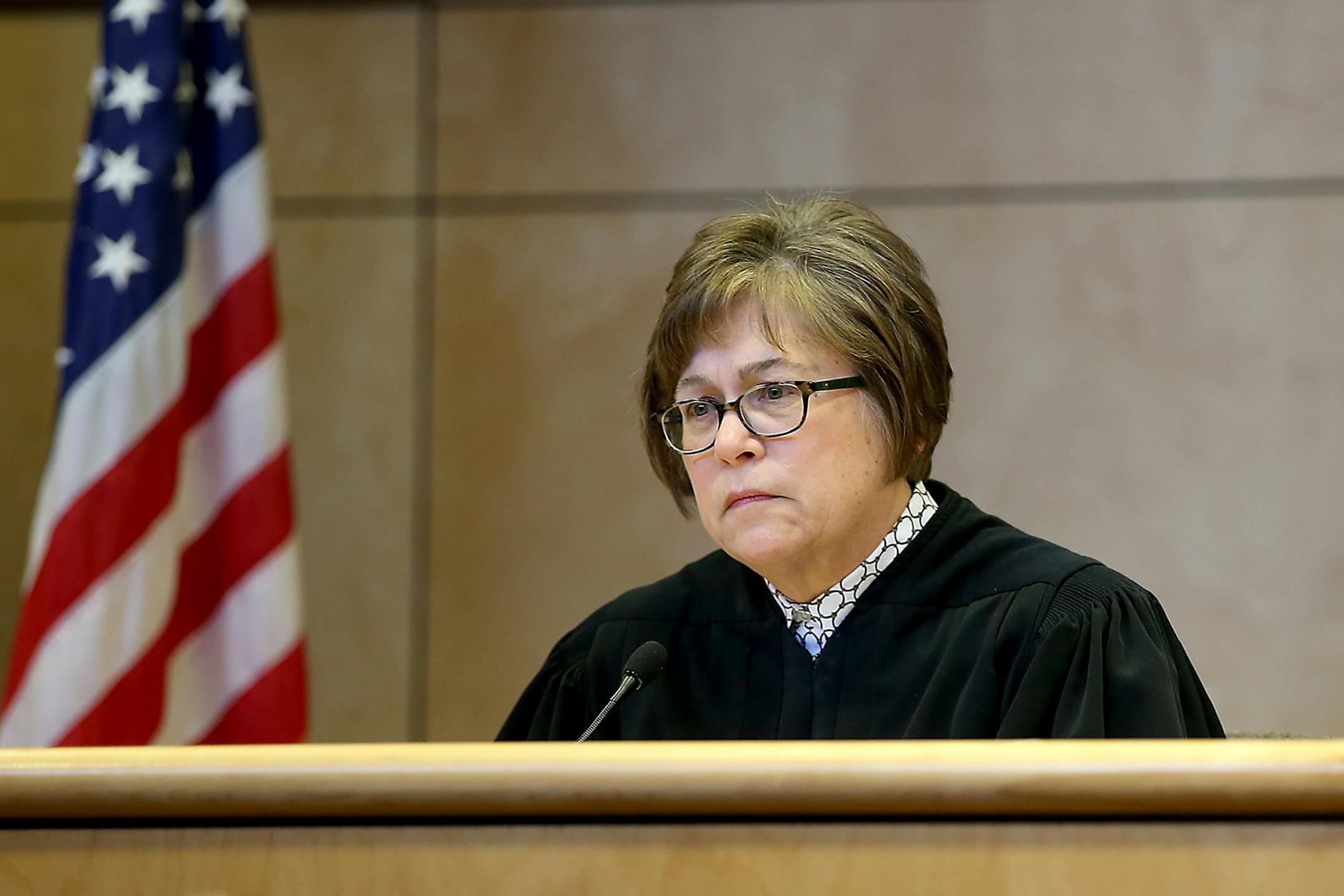 Judge Molly E. GaleWyrick, cq, addressed the court during a hearing in the case of Levi Acre-Kendall, Wednesday, April 22, 2015 in Balsam Lake, WI.