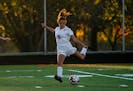 Alma Beaton kicked the ball during a game against Orono High School in Orono, Minn., on Tuesday, October 5, 2021.