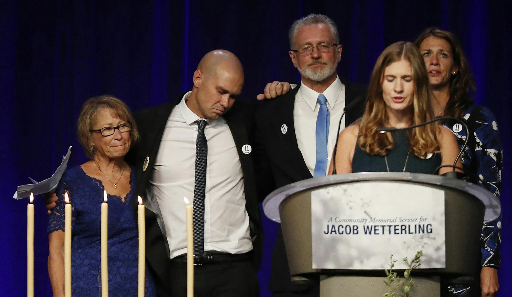 Jacob Wetterling's family left to right Patty Wetterling (mother), Trevor (brother) Jerry Wetterling (father), and his sisters Carmen and Amy spoke during a memorial service at College of Saint Benedict Sunday, Sept. 25, 2016 in St. Joseph, Minn. (Jerry Holt/Minneapolis Star Tribune/TNS) ORG XMIT: 1190688 ORG XMIT: MIN1609251658306890