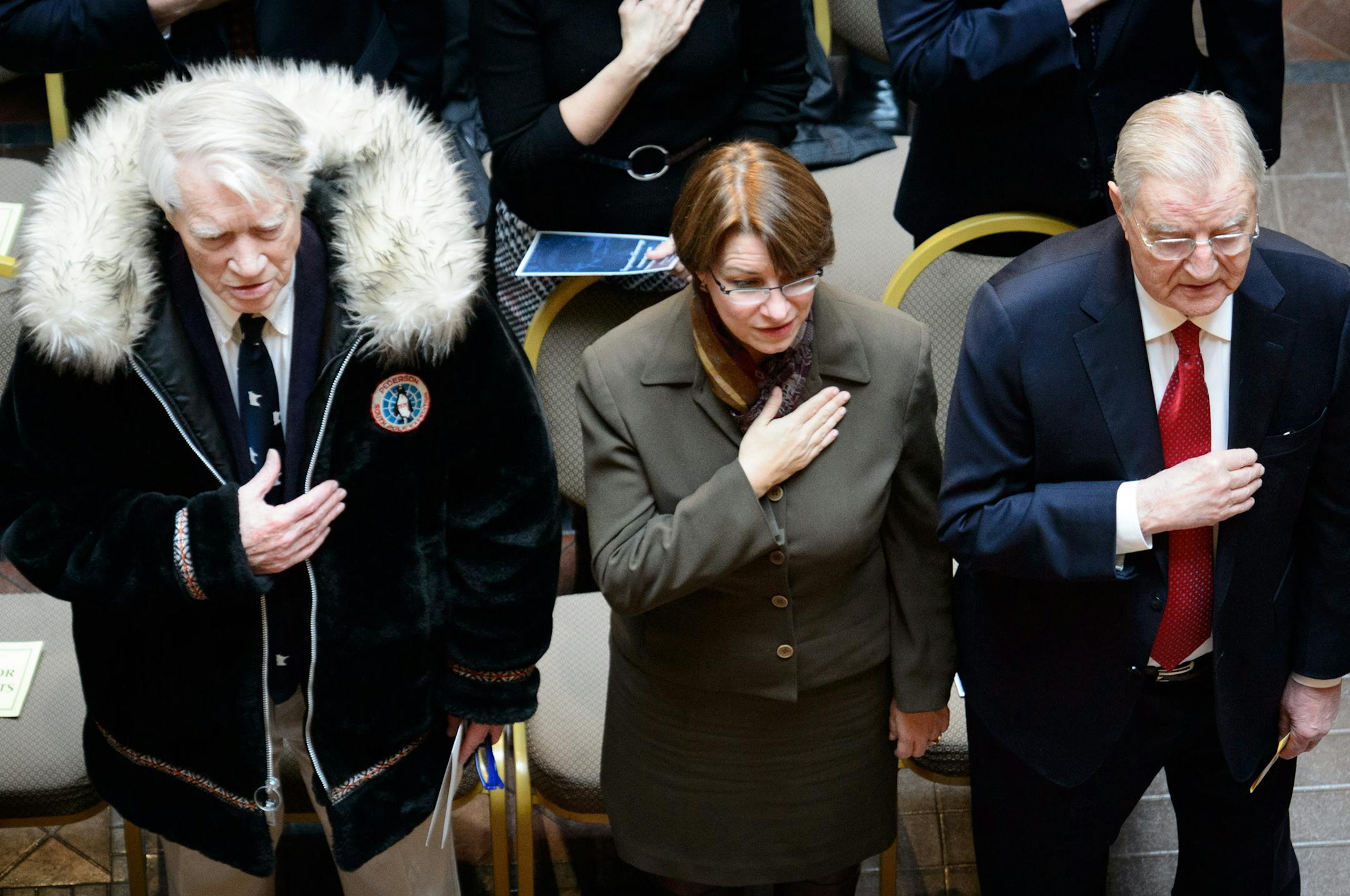 Former Governor Wendell Anderson, Senator Amy Klobuchar, Former Vice President Walter Mondale. ] GLEN STUBBE * gstubbe@startribune.com Monday January 5, 2015 Next Monday, January 5, Governor Mark Dayton and Lt. Governor-Elect Tina Smith will take the oath of office at an official inauguration ceremony beginning at 12:00pm at the Landmark Center in St. Paul. 138026