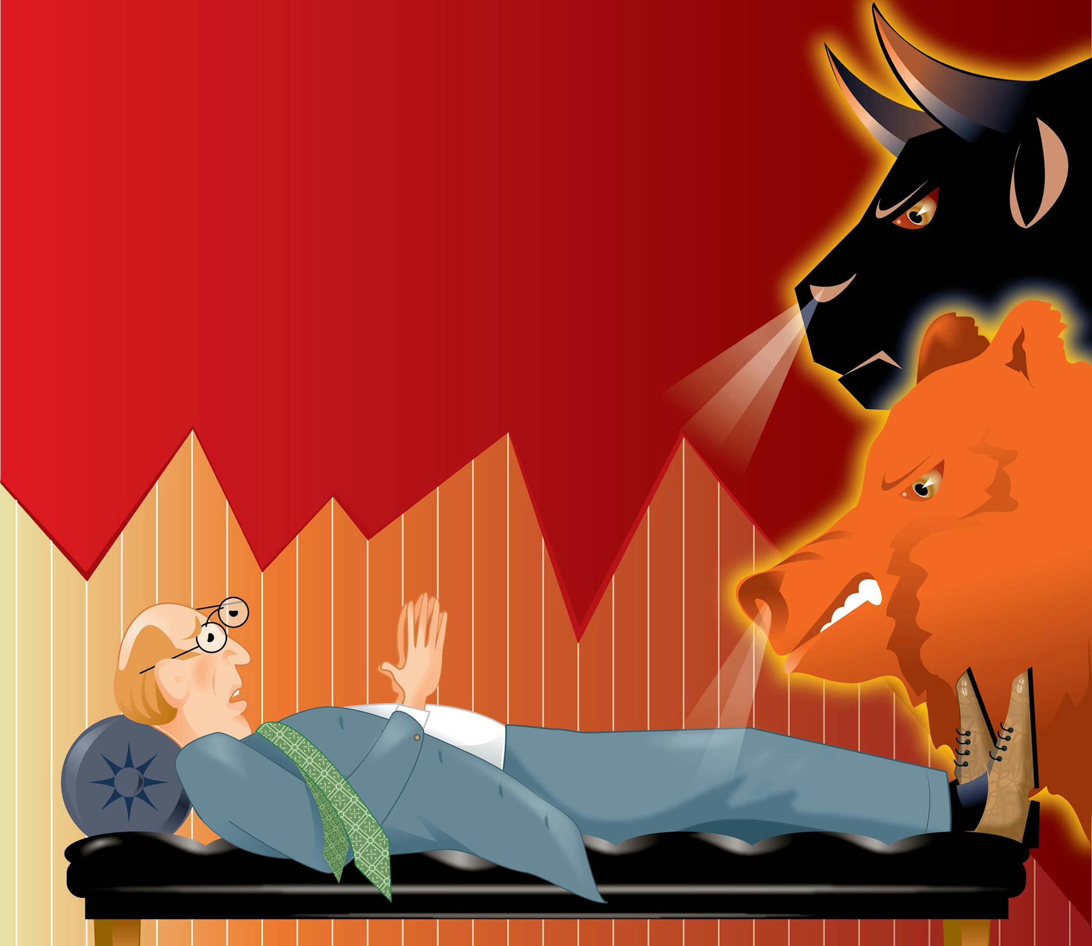 300 dpi Laurie McAdam color illustration of angry bull and bear waking businessman on couch under a jagged fever chart. The Modesto Bee 2008<p> market demons illustration bear bull markets analyst nightmare economist 04000000, FIN, 04006009, 04006011, 04006018, brokerage, krtfinancialservice financial services, krtnamer north america, krtpersonalfinance personal finance, krtusbusiness, market research, market trend, marketing, stock broker, u.s. us united states, 2008, krt2008, krtbusiness busin