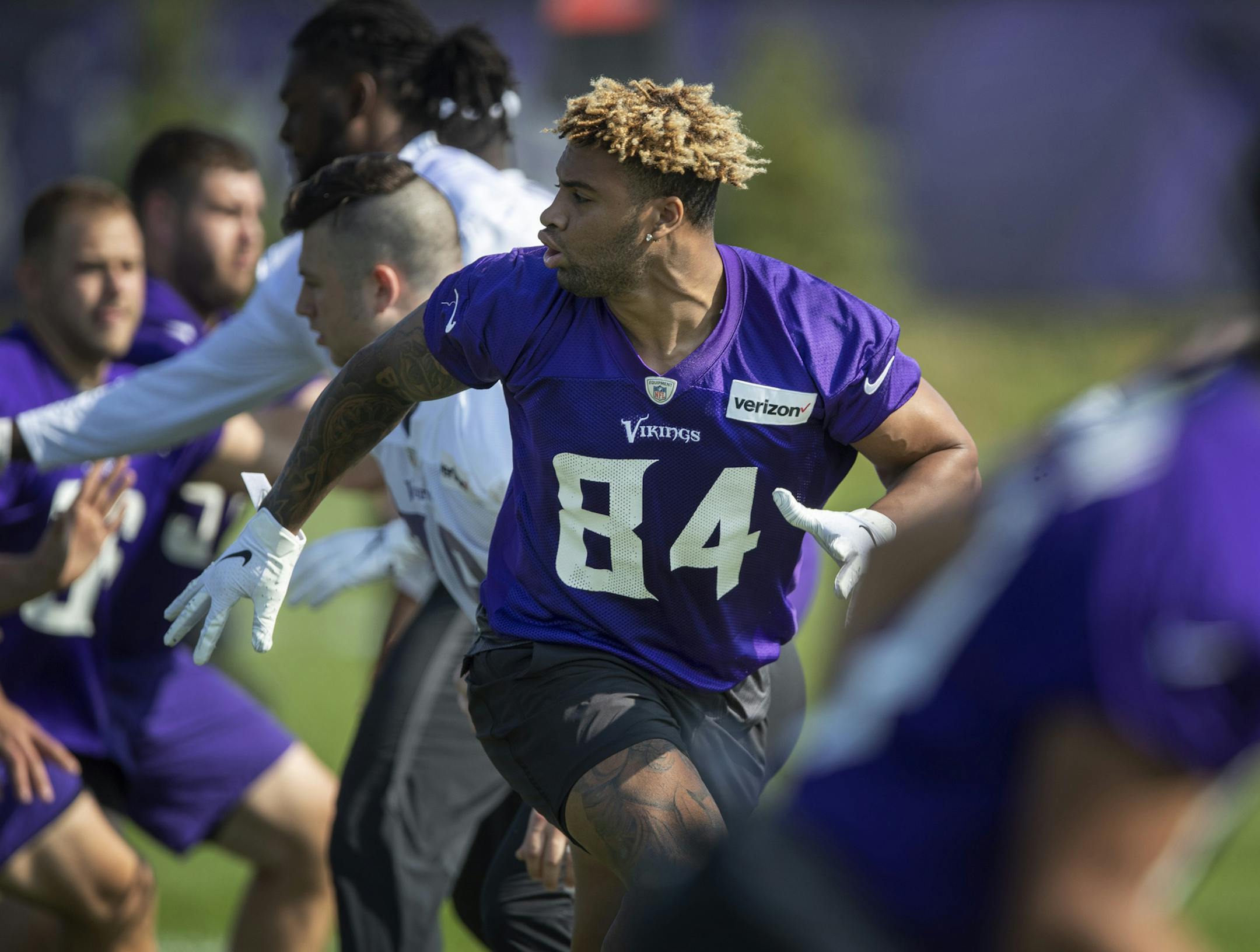 Rookie tight end Irv Smith Jr. ran drills during the first day of training for Vikings rookies at TCO Performance Center July,23 2019 in Eagan, MN.] Jerry Holt • Jerry.holt@startribune.com