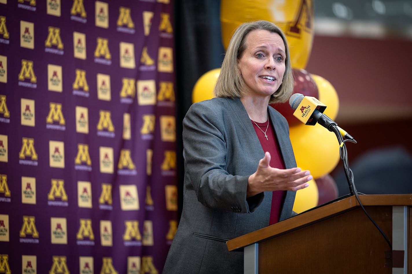 Dawn Plitzuweit, the University of Minnesota's new women's basketball coach, addresses the media during a press conference at the Athletes Village practice court in Minneapolis, Minn., on Monday, March 20, 2023. ] Elizabeth Flores • liz.flores@startribune.com