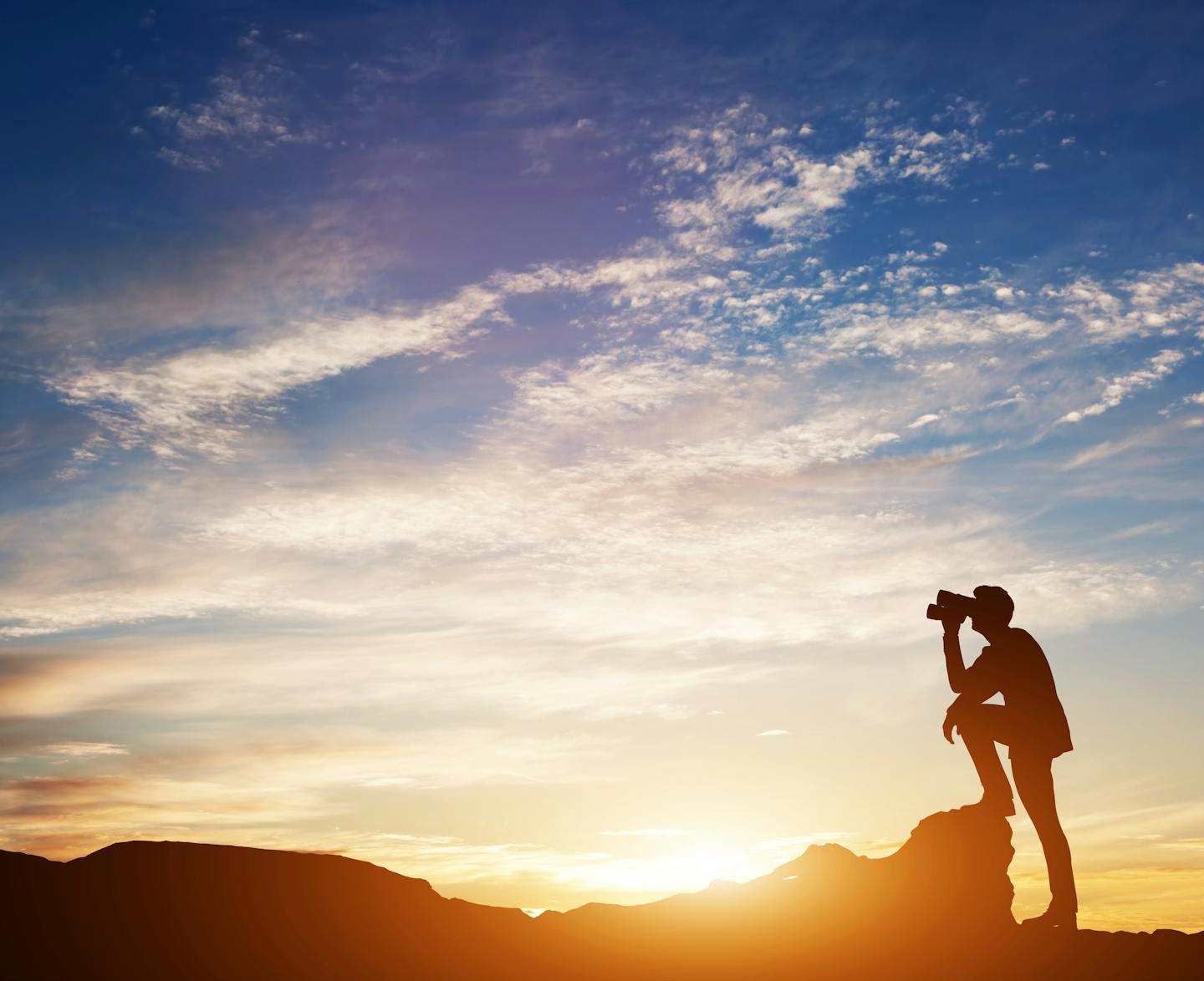 Man standing on rocks, looking through binoculars. Looking forward into the future. Sunset scenic sky. 3d illustration.