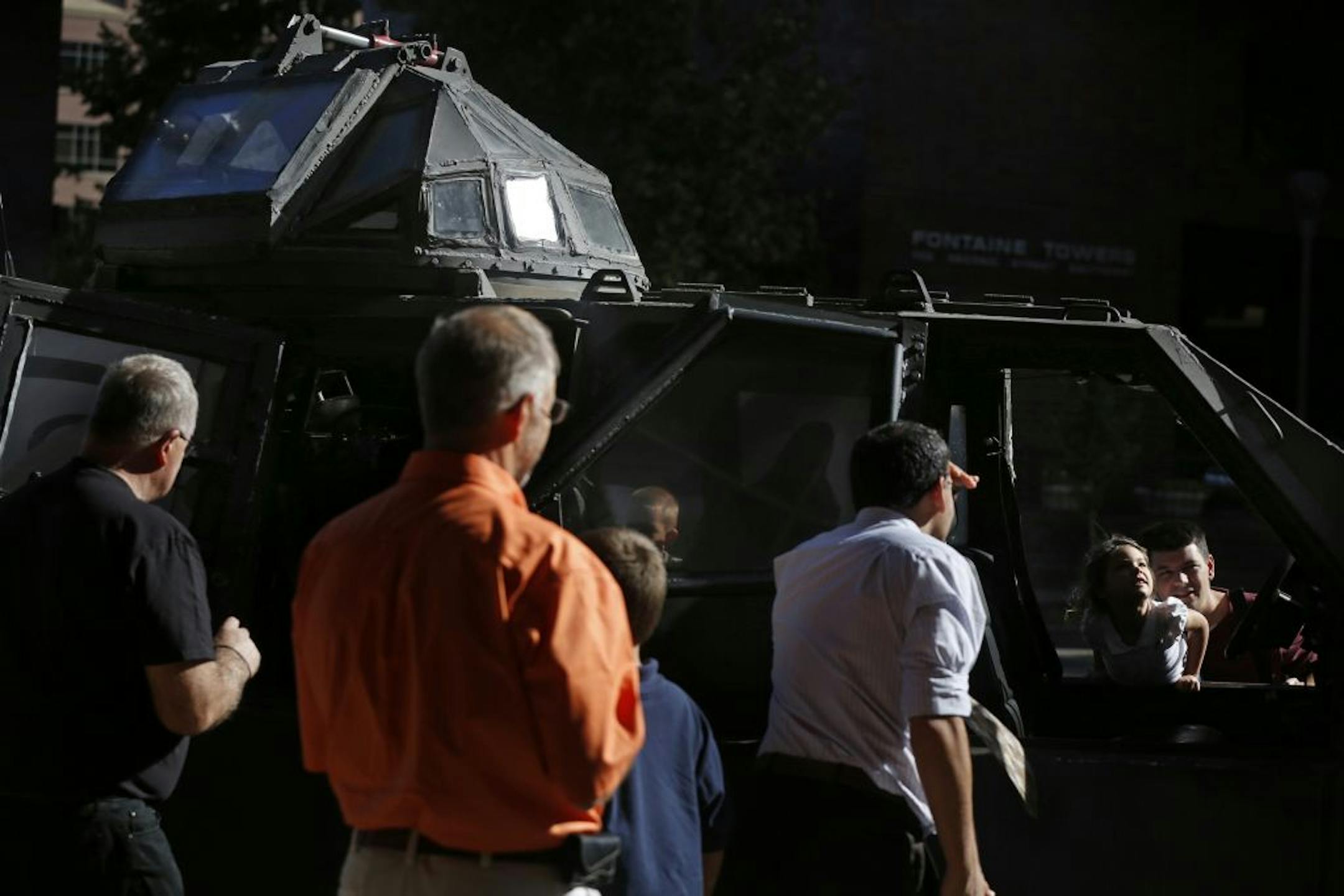 At the downtown Rochester library, adults and children alike checked out the Tornado Intercept Vehicle, or TIV, which is being used to promote the film "Tornado Alley" at the Science Museum of Minnesota.