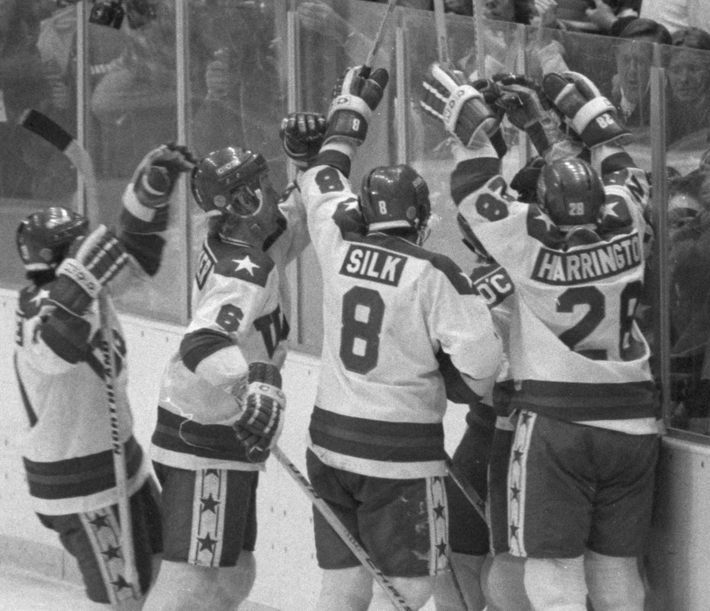 Lake Placid, New York, February 1980 - Miracle on Ice - the USA hockey team defats the soviets on the way to a gold medal victory over Finland. -- USA v soviets game - celebration of USA goal - probably the the goal that tied the game 3-3.