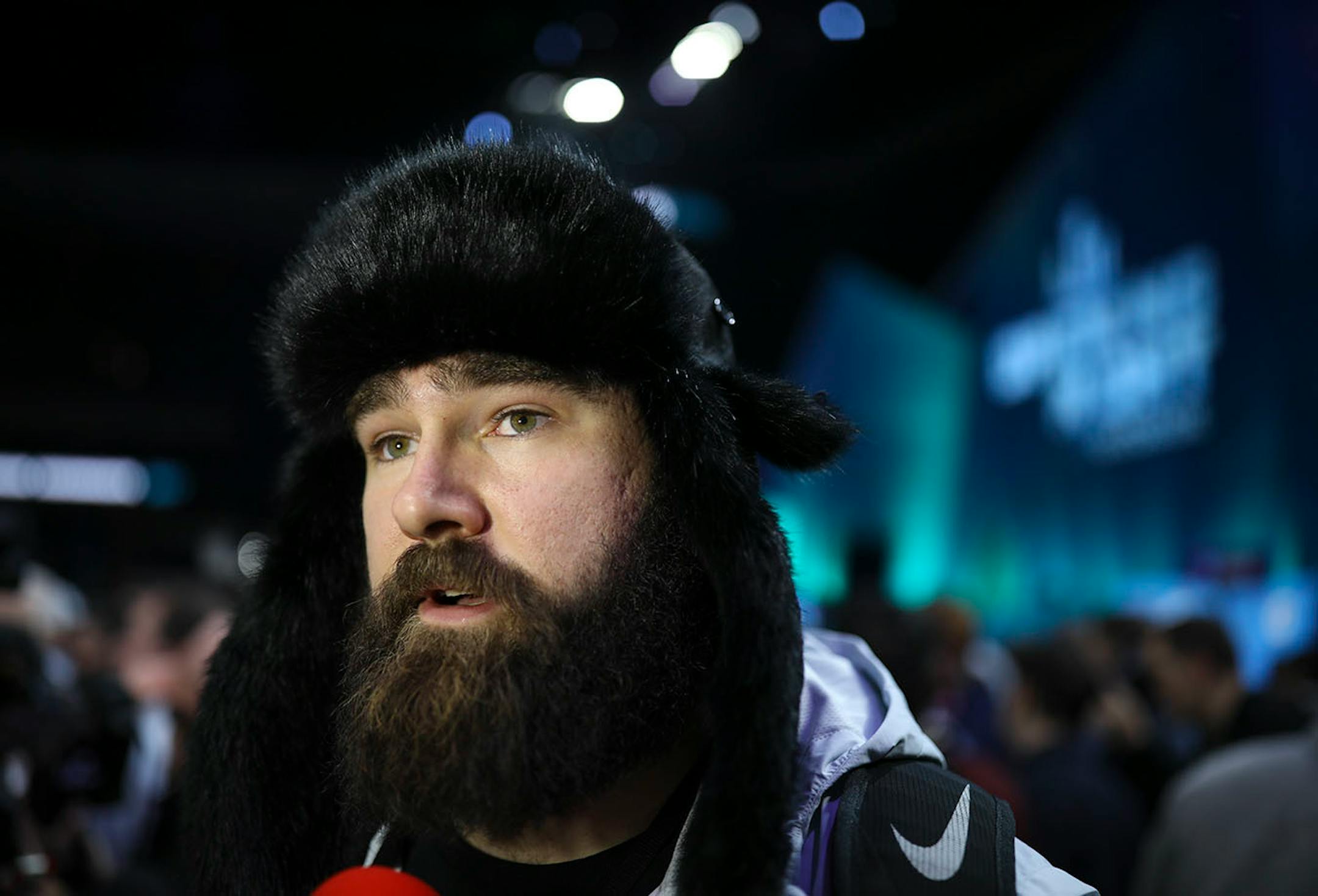 Eagles' center Jason Kelce was bundled up for interviews during the Philadelphia Eagles' media availability on Opening Night.