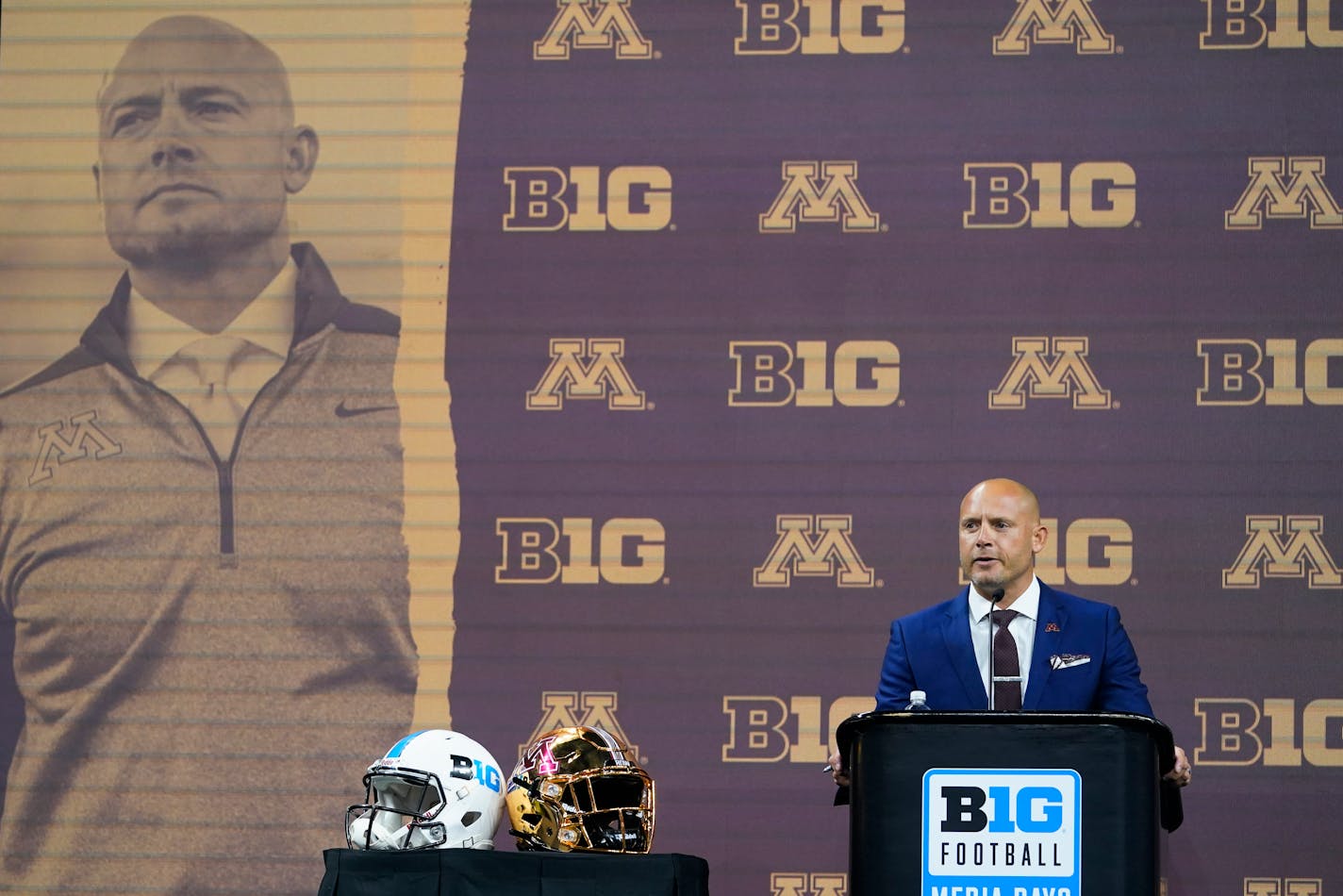 Minnesota head coach P.J. Fleck talks to reporters during an NCAA college football news conference at the Big Ten Conference media days, at Lucas Oil Stadium, Tuesday, July 26, 2022, in Indianapolis. (AP Photo/Darron Cummings)