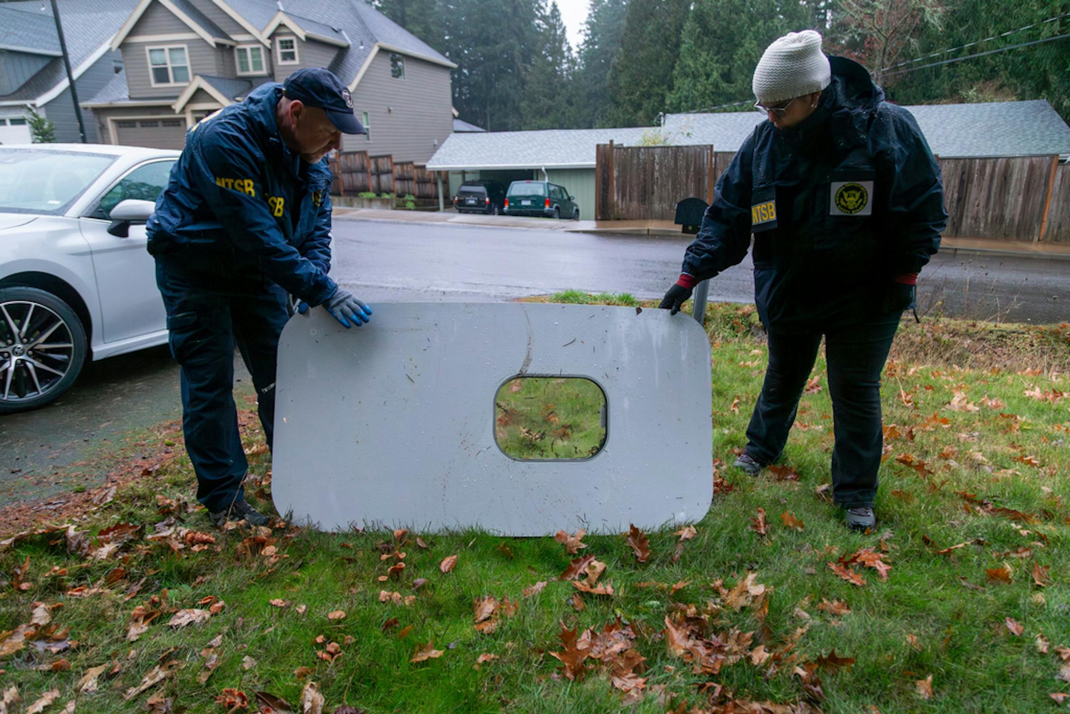 This photo released by the National Transportation Safety Board shows the door plug from Alaska Airlines Flight 1282 on Monday, Jan. 8, 2024, in Portland, Ore. A panel used to plug an area reserved for an exit door on the Boeing 737 Max 9 jetliner blew out Jan. 5, shortly after the flight took off from Portland, forcing the plane to return to Portland International Airport. (National Transportation Safety Board via AP) ORG XMIT: MER8d723c87b4207a3e5ecce27acc3ee