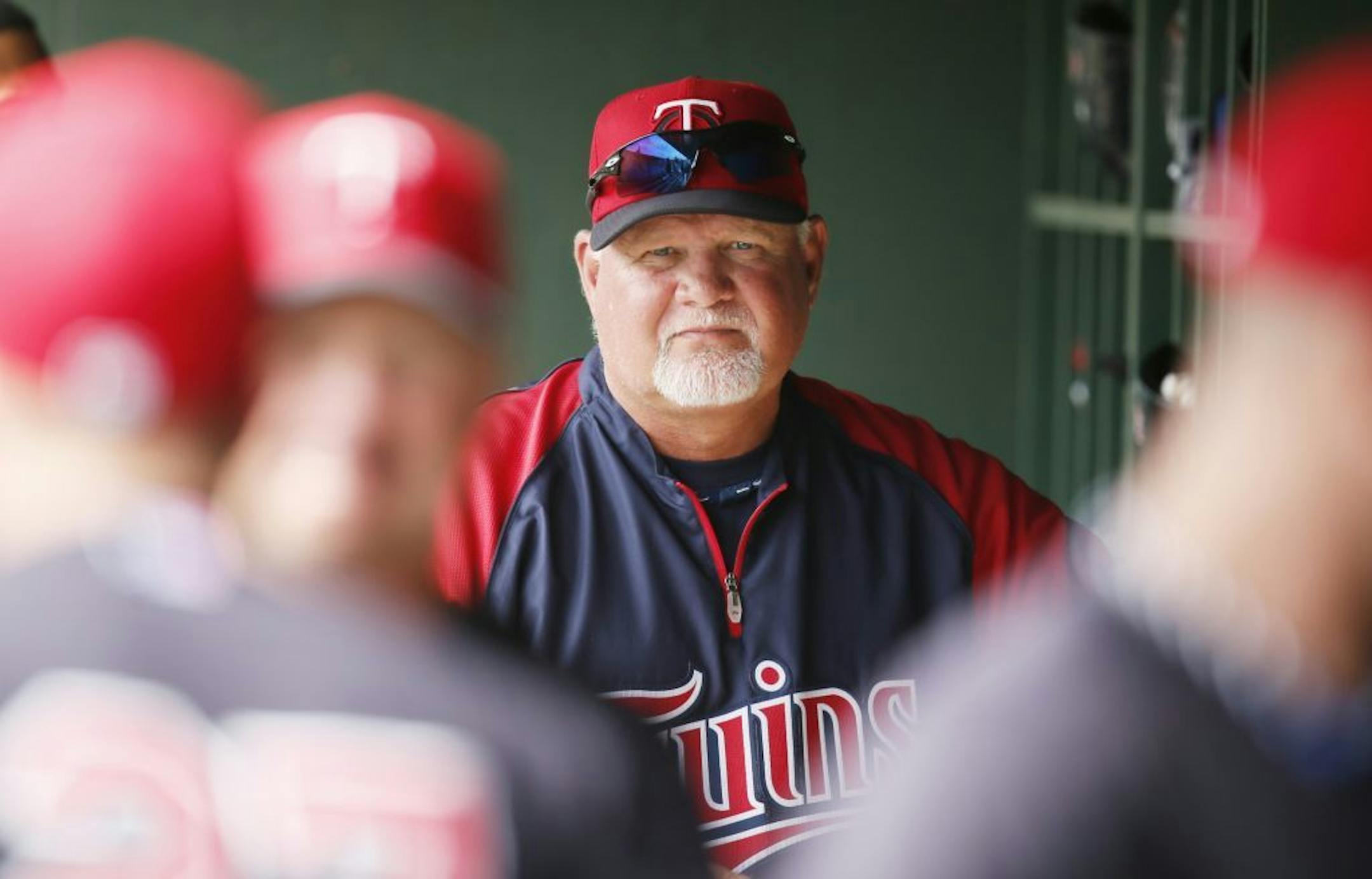 Twins manger Ron Gardenhire talked with his team before the Twins played Baltimore Orioles during their spring game Saturday Feb.23, 2013 at Ed Smith Stadium in Sarasota , FL. Baltimore beat Minnesota 5-3.