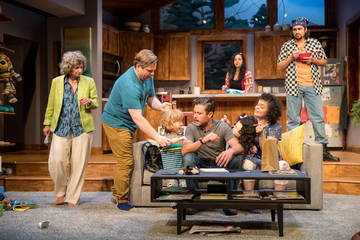 L-R: Joyce (Sally Wingert), Oscar (Reed Sigmund), Brad (John Catron) and Evie (Megan Burns) with Lilith (George Keller) and Calvin (Nate Cheeseman) in the background. Credit: Dan Norman