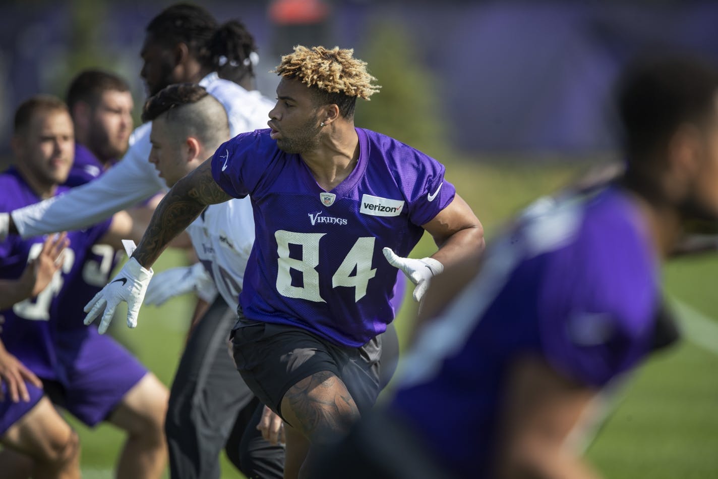 Rookie tight end Irv Smith Jr. ran drills during the first day of training for Vikings rookies at TCO Performance Center .