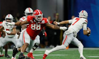Defensive lineman Jalen Carter (88) is another eye-catching defender from Georgia, but off-the-field concerns have caused his draft stock to fall.