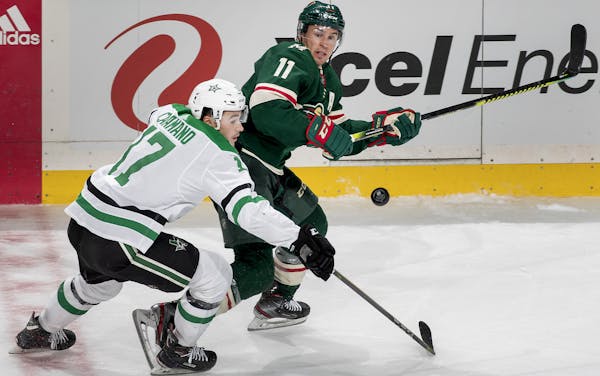 Nicholas Caamano (17) of the Dallas Stars and Zach Parise (11) of the Minnesota Wild fought for the puck in the third period.
