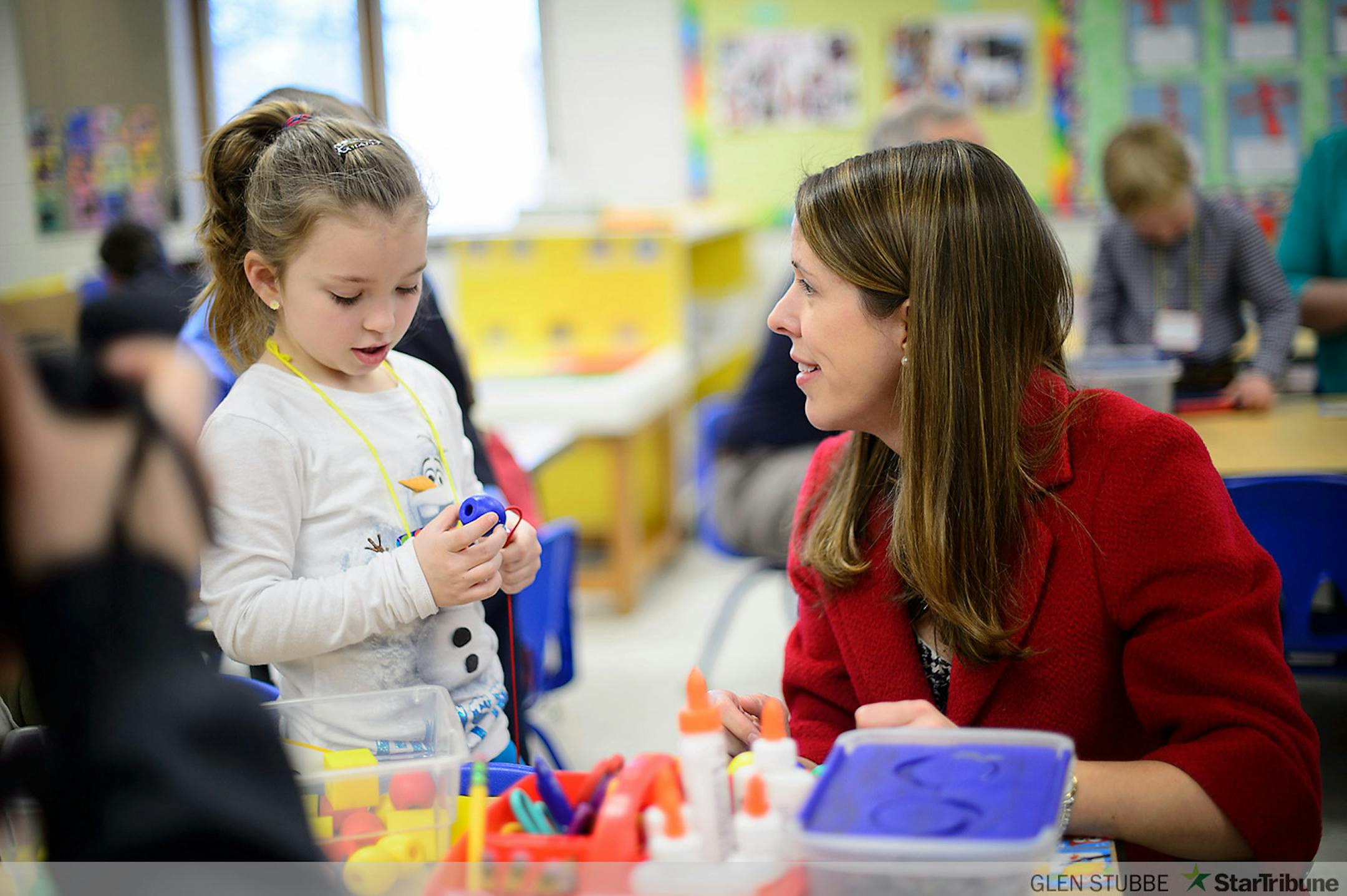 Senator Katie Sieben, DFL-Newport visited with one of the PreK students at a learning center.     ] GLEN STUBBE * gstubbe@startribune.com  Friday, March 20, 2015  Governor Mark Dayton, Education Commissioner Brenda Cassellius, and area legislators will visit a preschool classroom at Newport Elementary School.  Senator Katie Sieben, Senator Susan Kent, and Representative Dan Schoen, visited with preschool students, teachers, and parents, and discuss the impact of their proposal to send every Minnesota four-year-old to preschool.