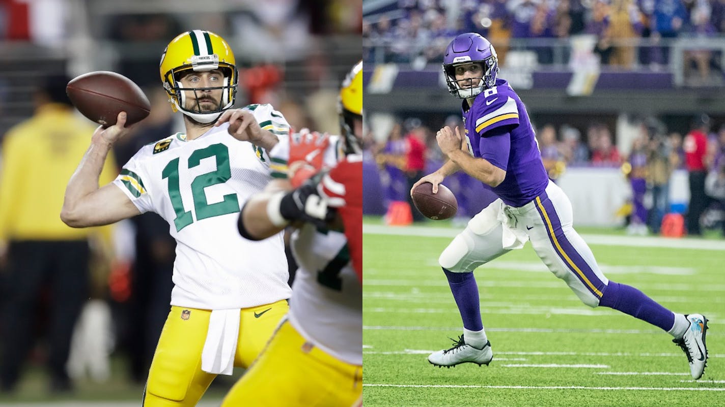 Packers quarterback Aaron Rodgers (left) has thrown 265 consecutive passes without an interception; Vikings quarterback Kirk Cousins has a career-high passer rating of 111.1, with seven games at 111.4 or better.