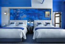 The blue color scheme is meant to evoke a sense of tranquility. So far, blue has been the most popular color for online reservations at the soon-to-op