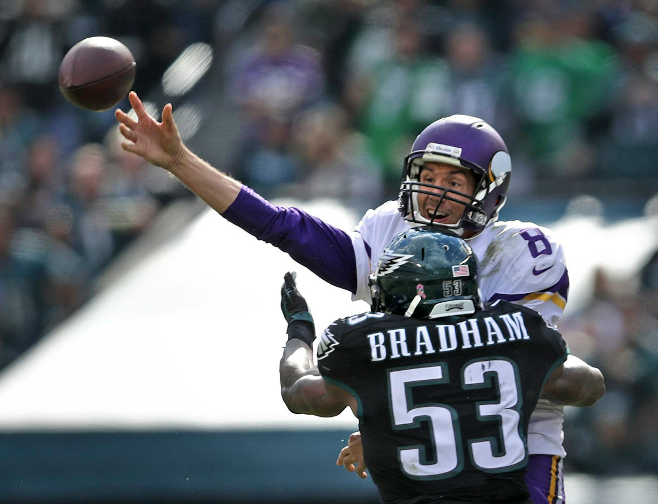 Vikings quarterback Sam Bradford had pressure from Nigel Bradham in the 1st half.