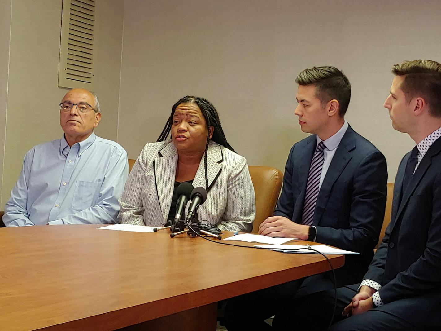 Former Denfeld High School Principal Tonya Sconiers holds a press conference Monday morning in Duluth regarding her federal lawsuit against the district for allegations of discrimination and retaliation.