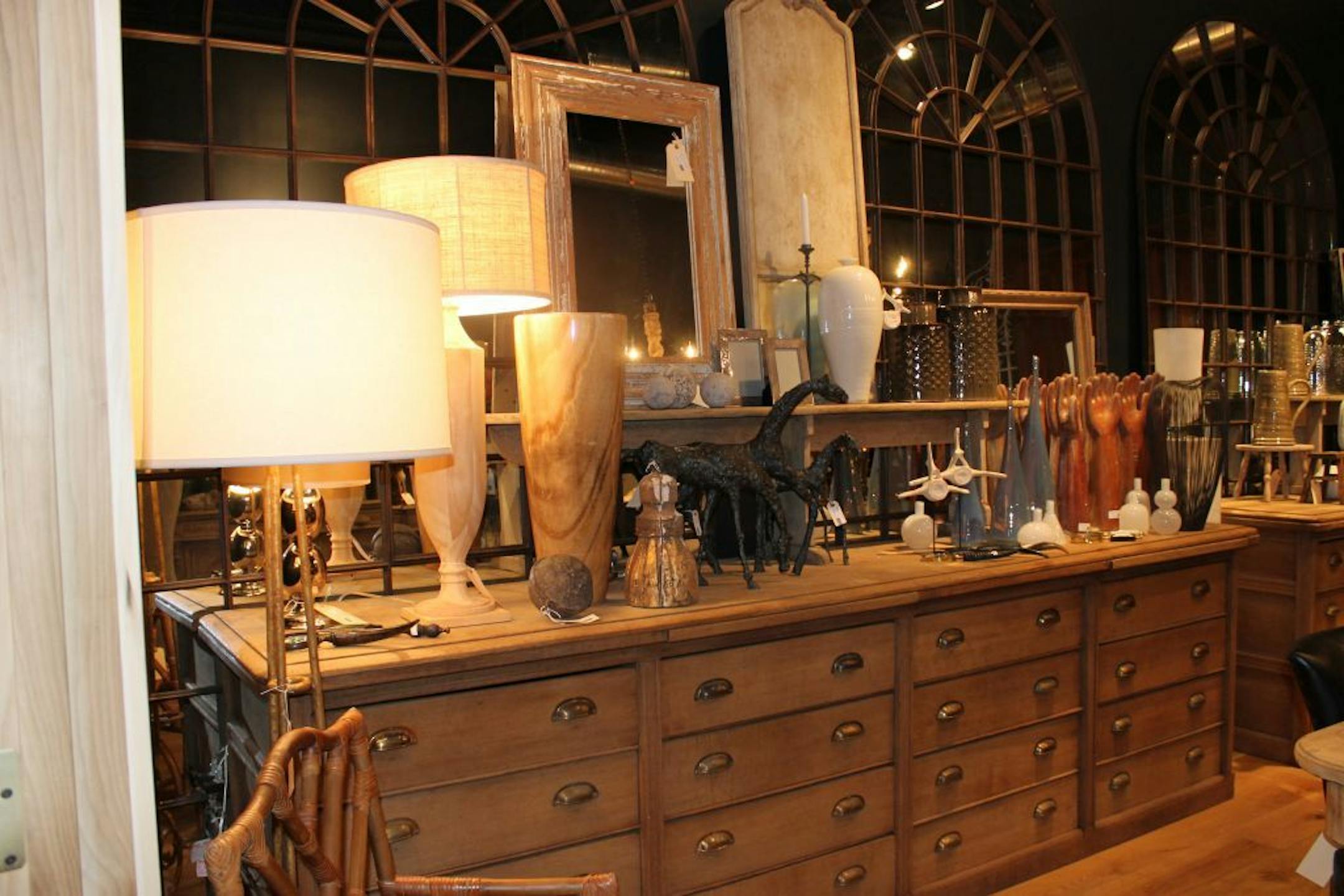 Cutline in steals0223: At Historic Studio�s one-day sale, the 16-drawer oak cabinet from Belgium (circa 1880) is $6,250 (regularly $12,500) and the accessories on top range from $23 to $250 on sale.