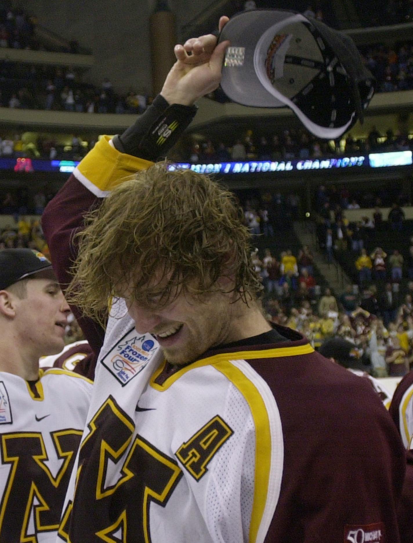 St. Paul, MN - XCel Center - 4/6/02 - Frozen Four Finals - Gophers vs Maine - Overtime - A happy Grant Potulny. He scored the winning goal in OT.