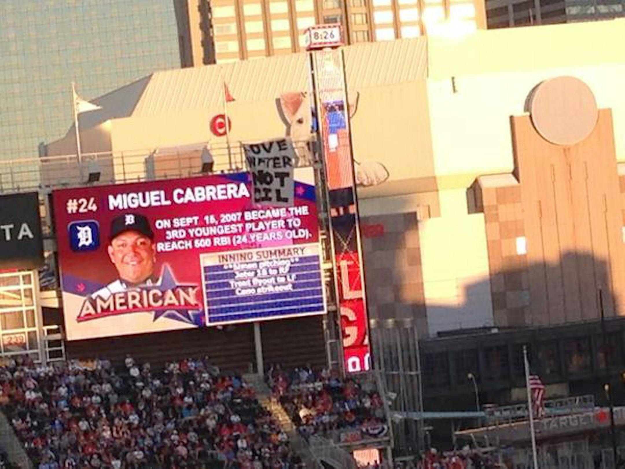 A banner briefly obscured the right field video board during the All Star Game at Target Field on July 15, 2014.