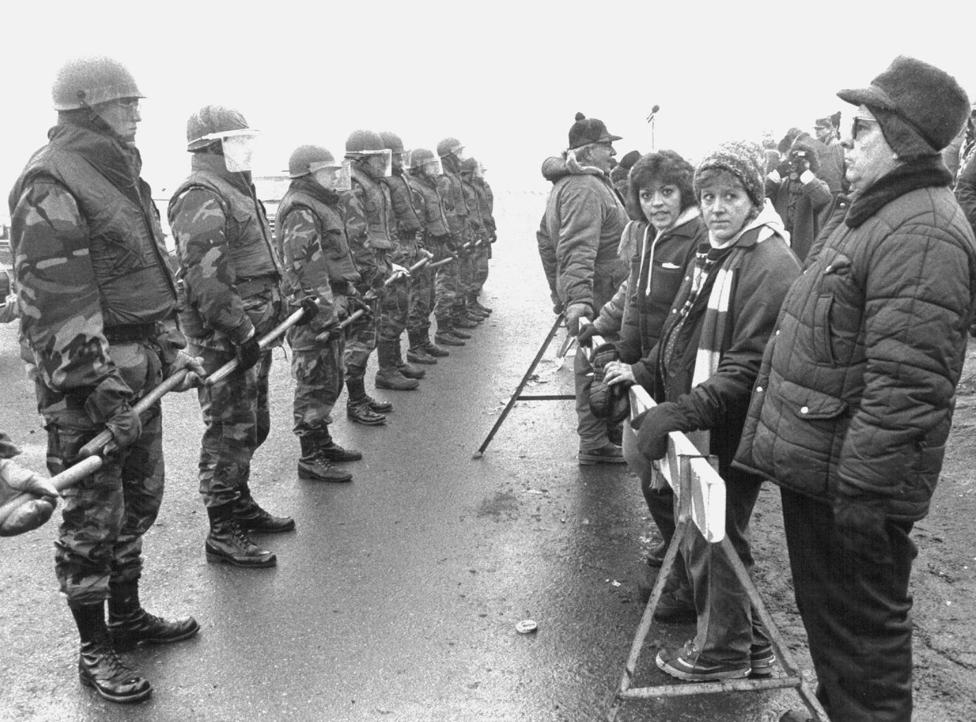 January 22, 1986 National GuardSunday Mailen and strikers came face to face Tuesday morning at the Hormel Plant in Austin. January 21, 1986 Marlin Levison, Minneapolis Star Tribune ORG XMIT: MIN2015070919360969