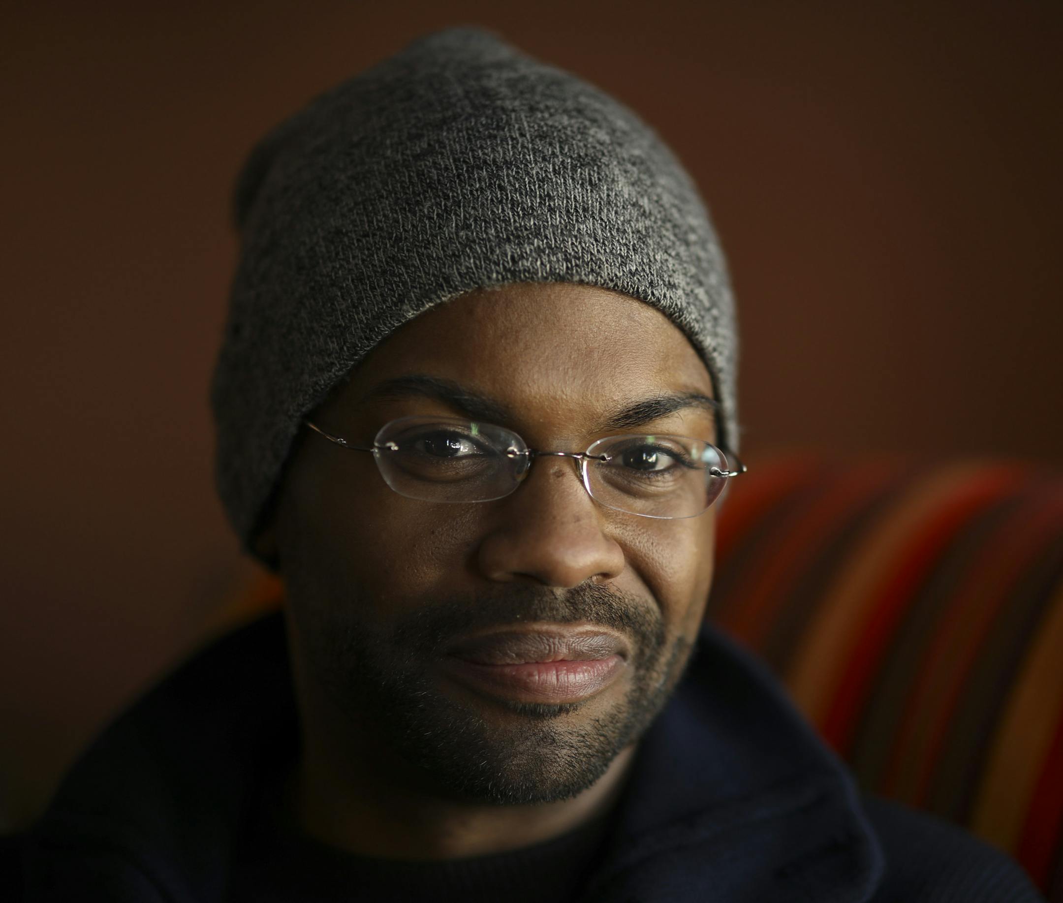 Harrison David Rivers at his in-laws' house in St. Paul. ] JEFF WHEELER • jeff.wheeler@startribune.com When playwright Harrison David Rivers has writer's block, he sometimes gets on the Green Line light rail and just rides while working on his laptop and finding inspiration in the dialogue of the mini-plays unfolding in the car around him. Rivers worked on his laptop Tuesday afternoon, January 16, 2017 on the Green Line between St. Paul and Minneapolis.