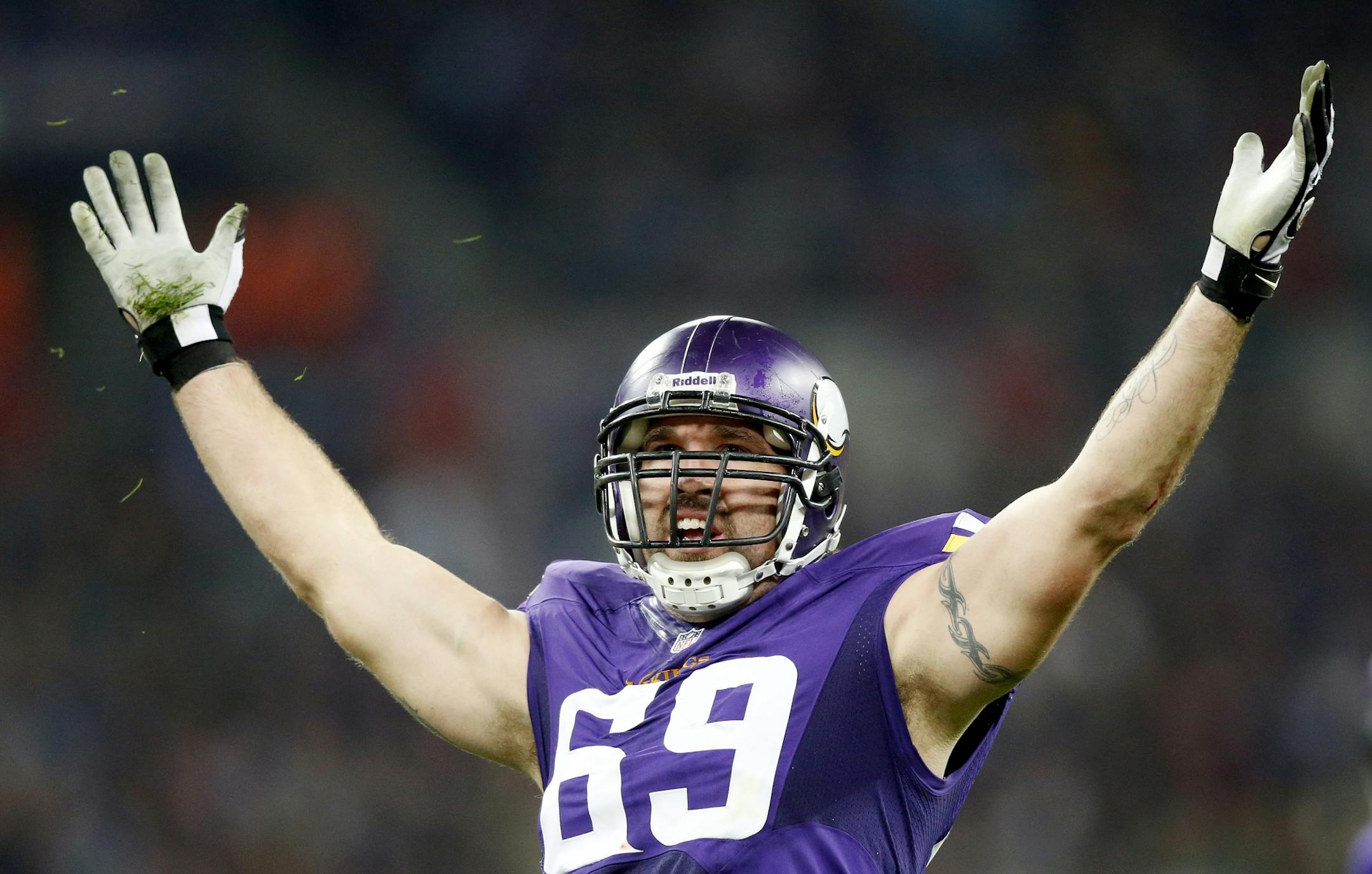 Minnesota Vikings defensive end Jared Allen (69) celebrated after sacking Ben Roethlisberger (7) in the second quarter of a game in London.
