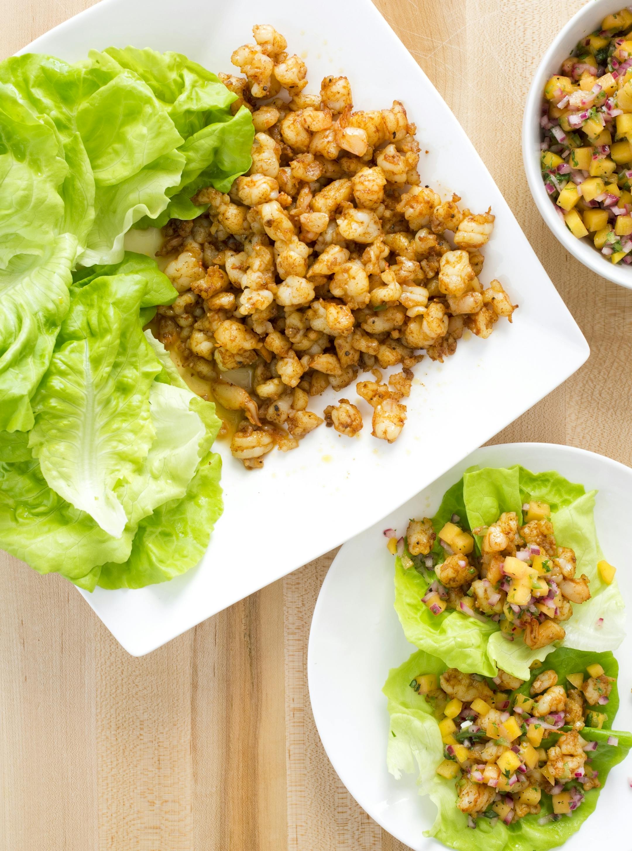 Spicy Shrimp Lettuce Wraps with Mango Salsa. America's Test Kitchen ORG XMIT: 1005137