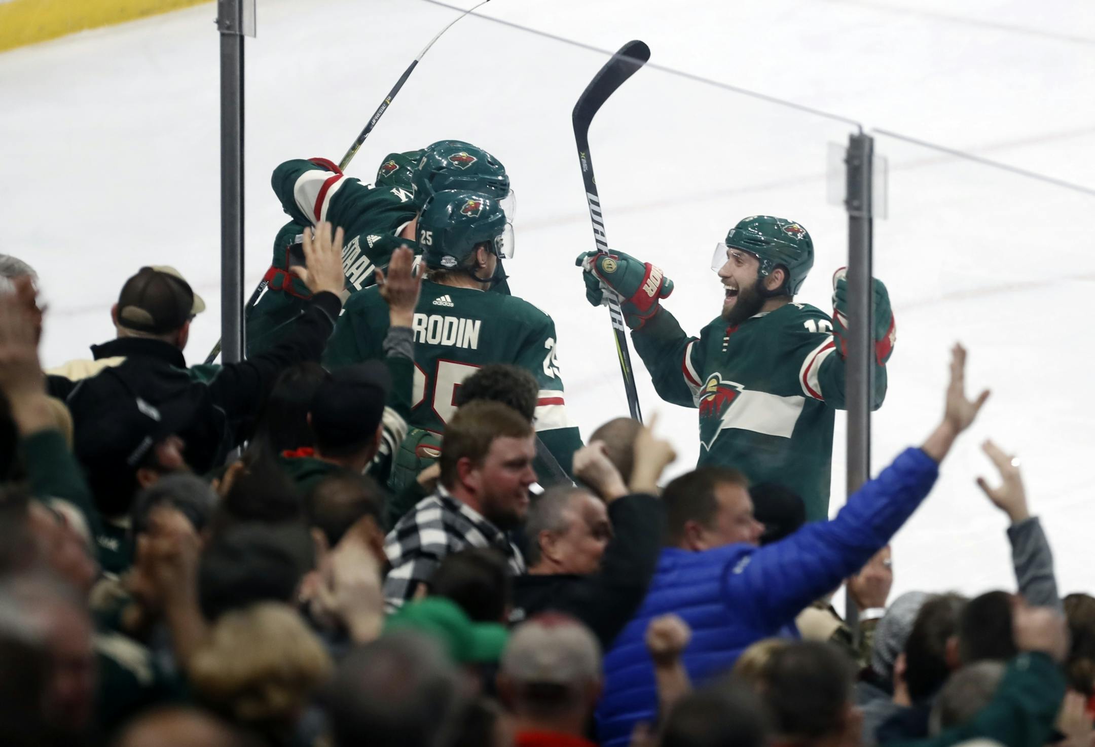 The Wild celebrate the second goal of the game.