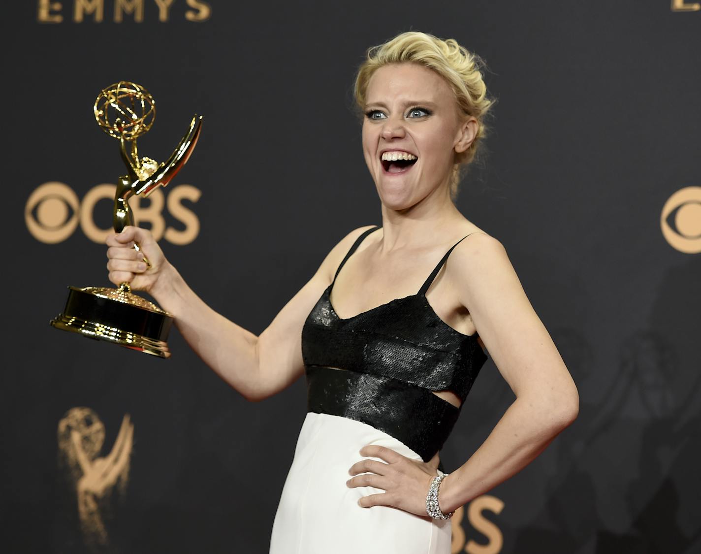 Kate McKinnon poses in the press room with the award for outstanding supporting actress in a comedy series for "Saturday Night Live."