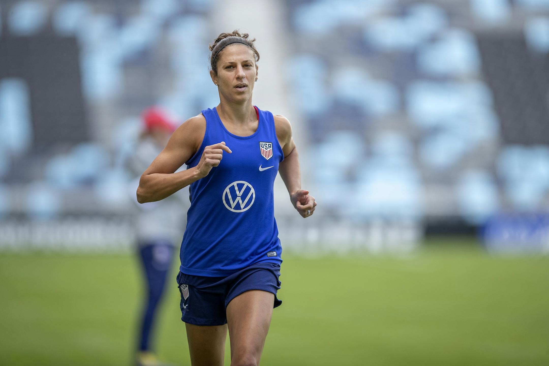 U.S. women's national team midfielder Carli Lloyd warmed up before an open practice at Allianz Field, Monday, September 1, 2019 in St. Paul, MN. They will play a friendly game against Portugal on Tuesday.