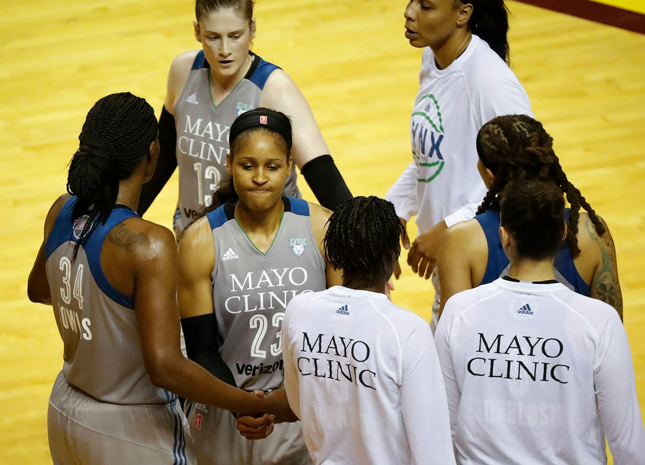 Minnesota Lynx forward Maya Moore (23) reacted with teammates to a last second loss at the end of the game where L.A. won 85-84.