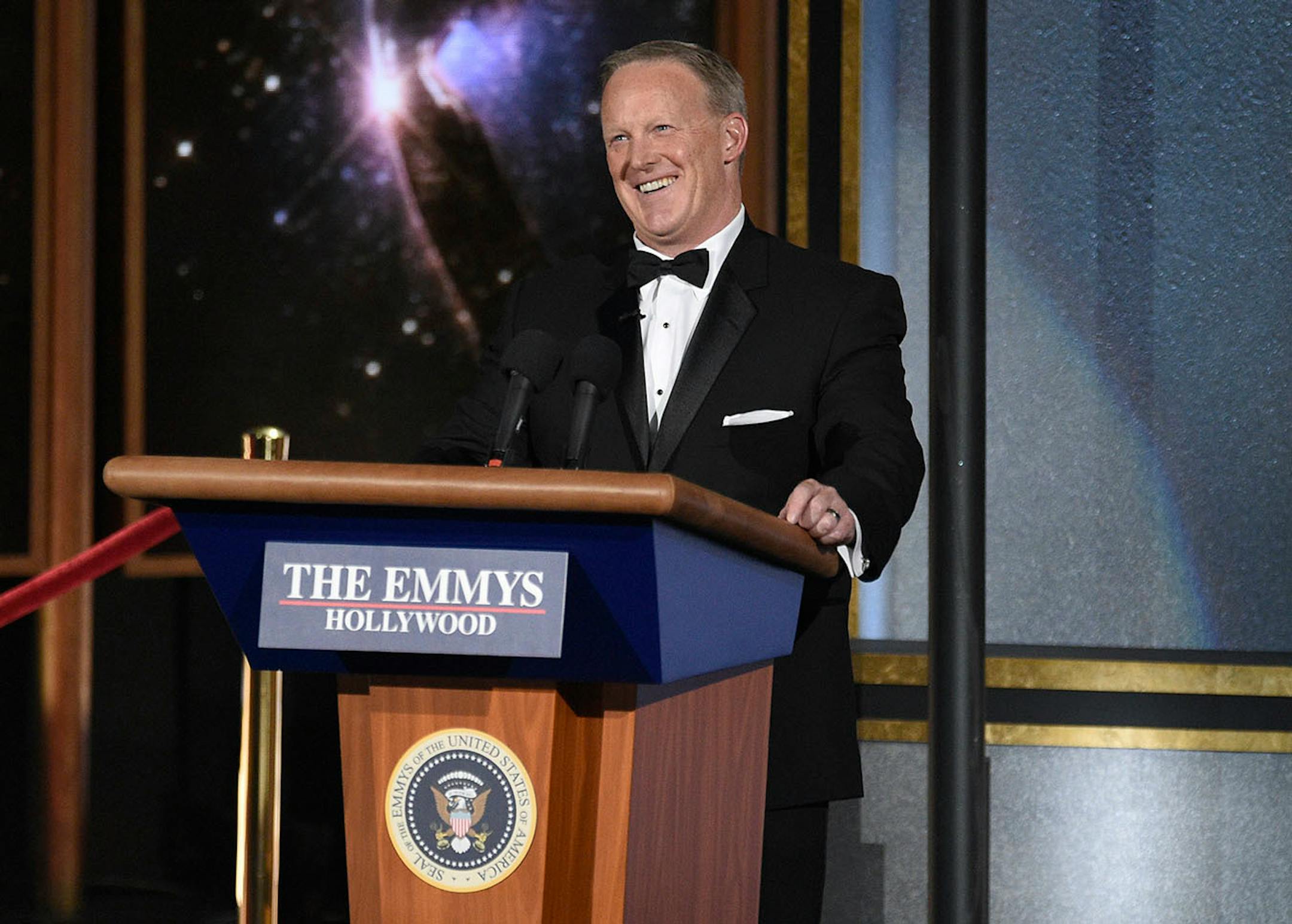 Sean Spicer made a surprise appearance at the 69th Primetime Emmy Awards on Sunday, Sept. 17, 2017, at the Microsoft Theater in Los Angeles.