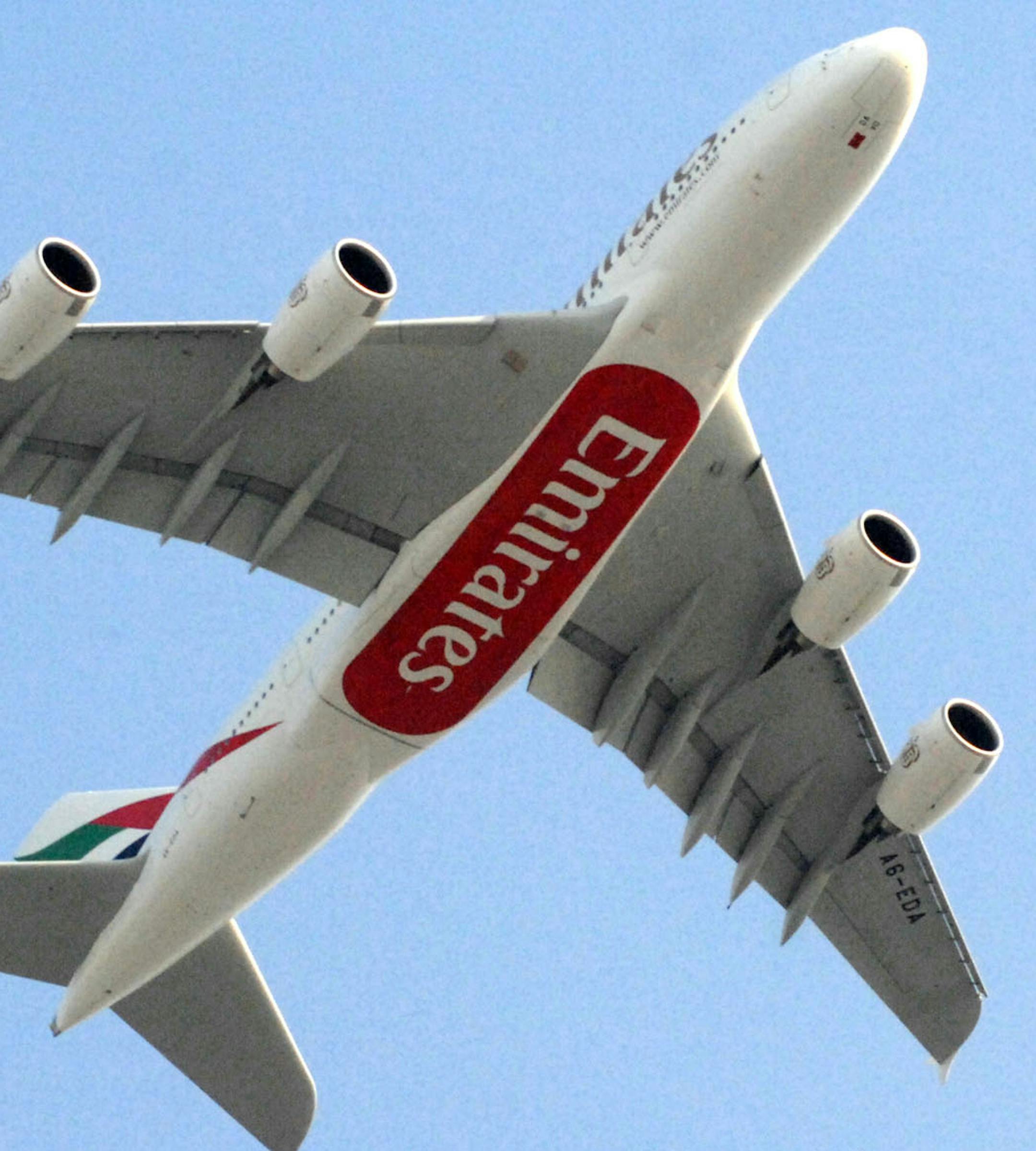 Emirates first Airbus A380, of the placed order, landed at the Dubai International Airport, Tuesday, July 29, 2008, (AP PHOTO BY AZIZ SHAH) ORG XMIT: ARE101