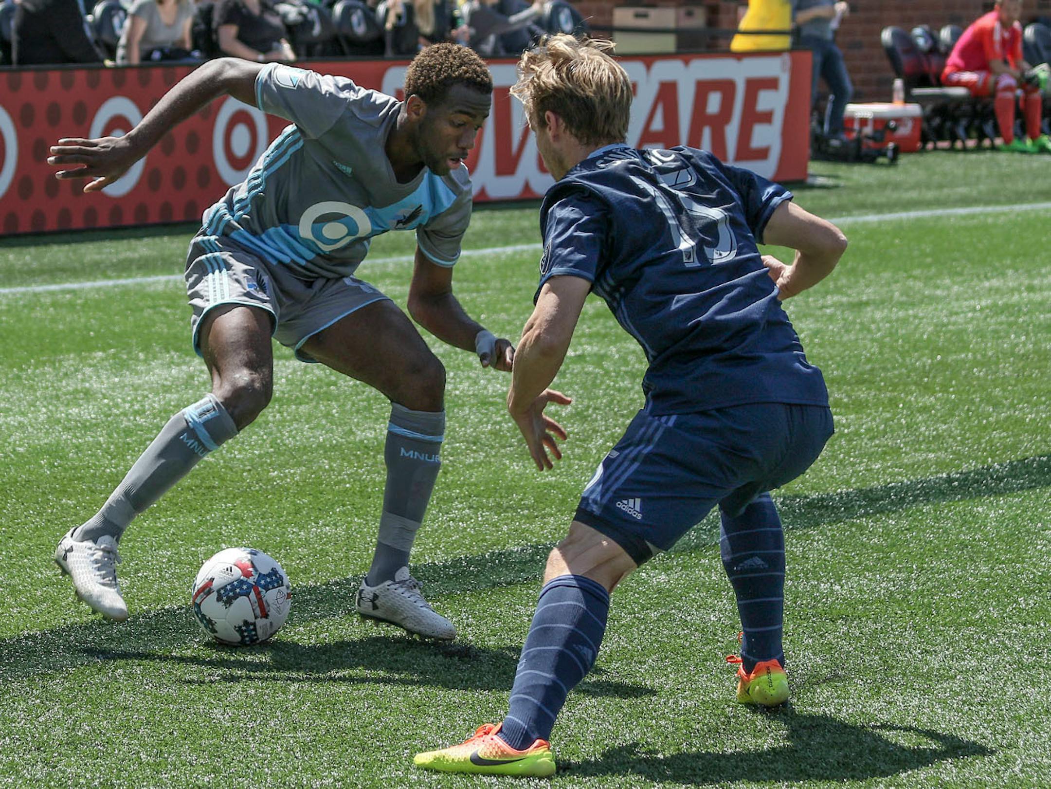 Minnesota United forward Kevin Molino shows off some fancy footwork as he looks for an opening.