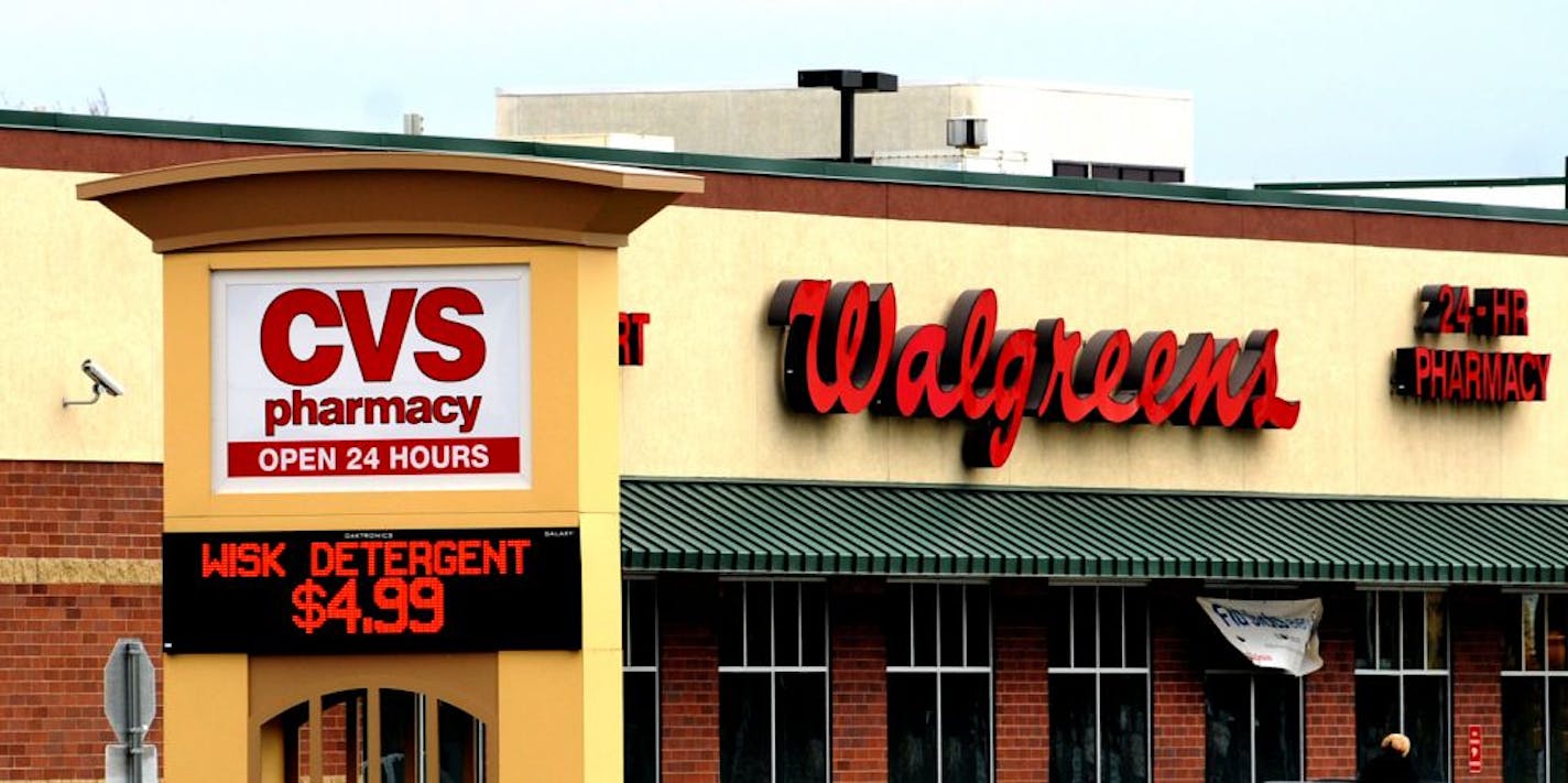 CVS and Walgreens have stores that sit next to each, separated by little more than a parking lot, at this location in Edina. This is a good illustration of the way the two drug chains are constantly trying to get into each other's backyards.