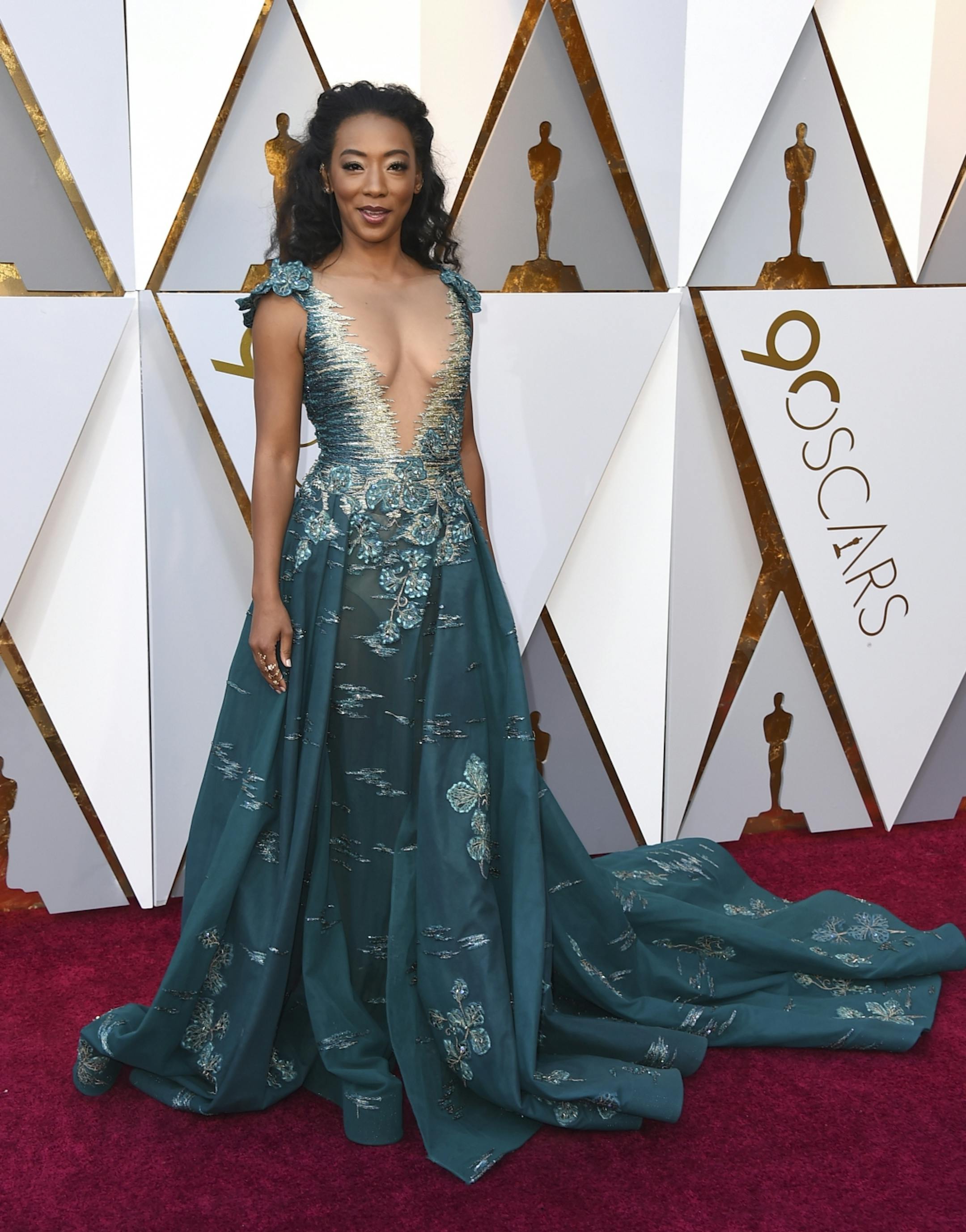 Betty Gabriel arrives at the Oscars on Sunday, March 4, 2018, at the Dolby Theatre in Los Angeles.