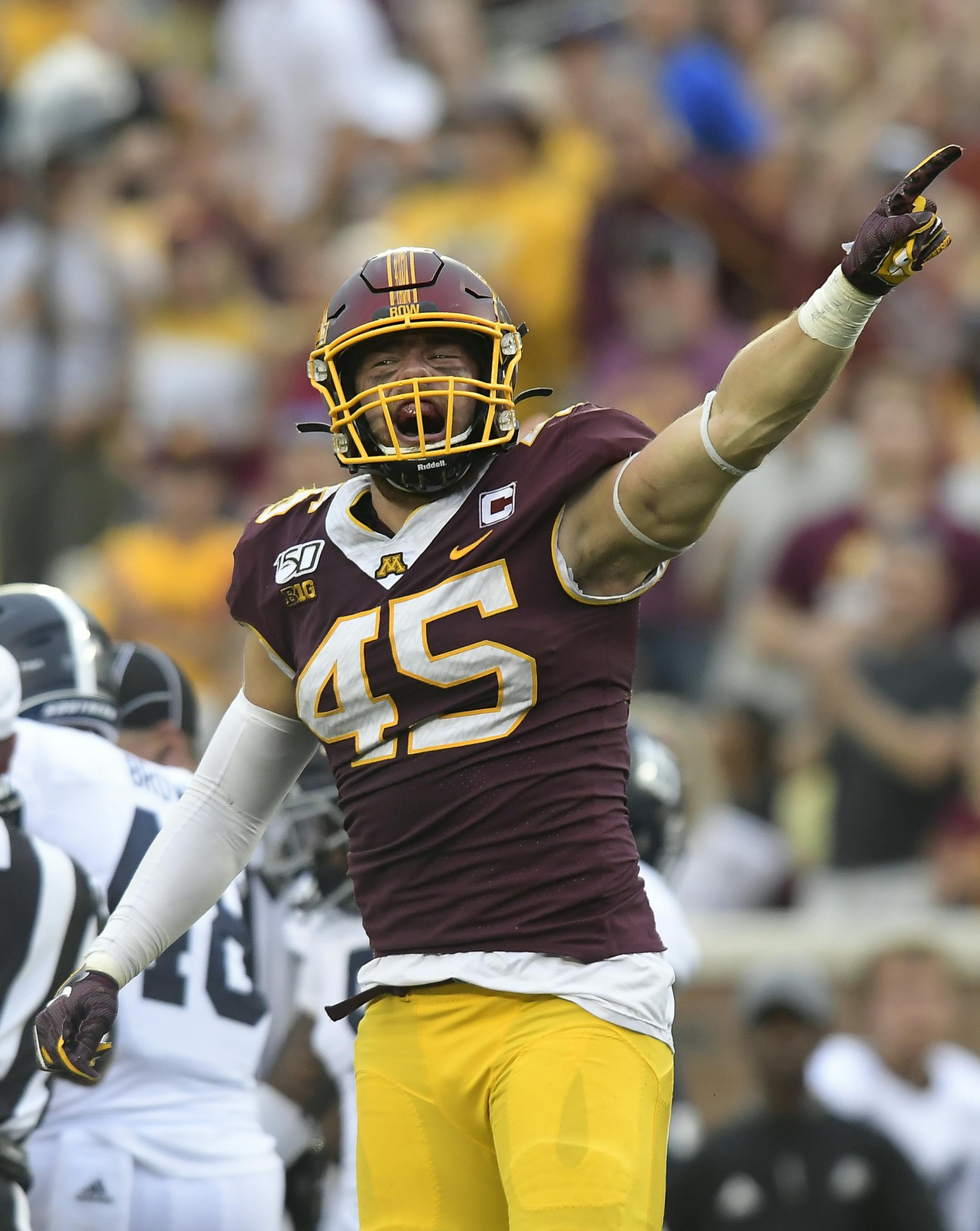 Gophers linebacker Carter Coughlin (45) celebrated after forcing a Georgia Southern fumble. ] Aaron Lavinsky • aaron.lavinsky@startribune.com The Gophers played Georgia Southern on Saturday, Sept. 14, 2019 at TCF Bank Stadium in Minneapolis, Minn.