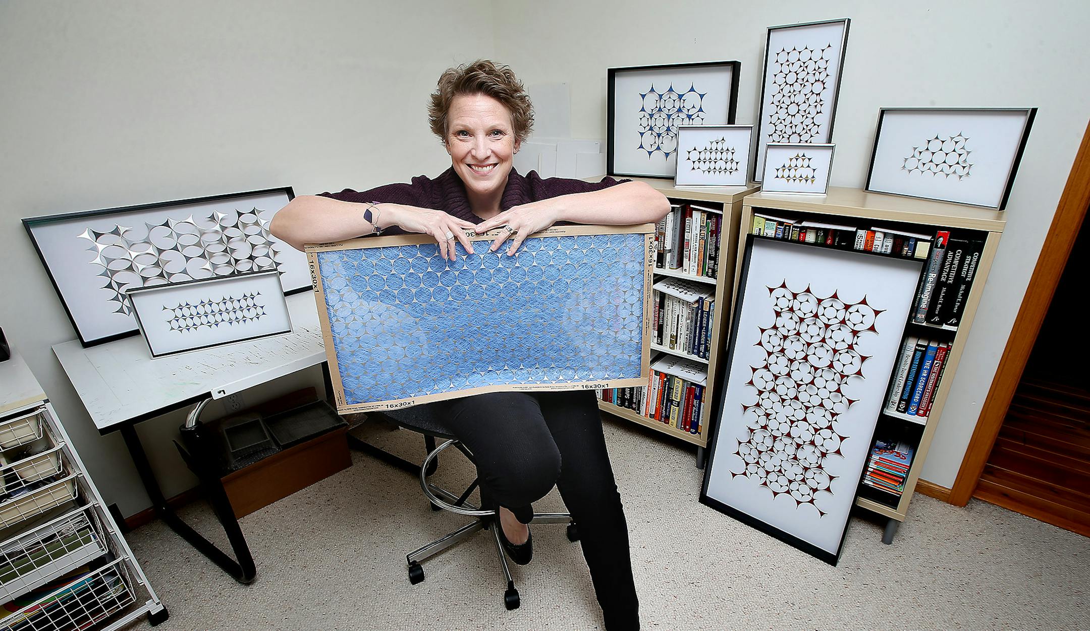 Louise Harris of Edina is a business professor/consultant by trade, but fell into art after pieces from an old furnace filter “spoke to her.” She donates profits to several charities.