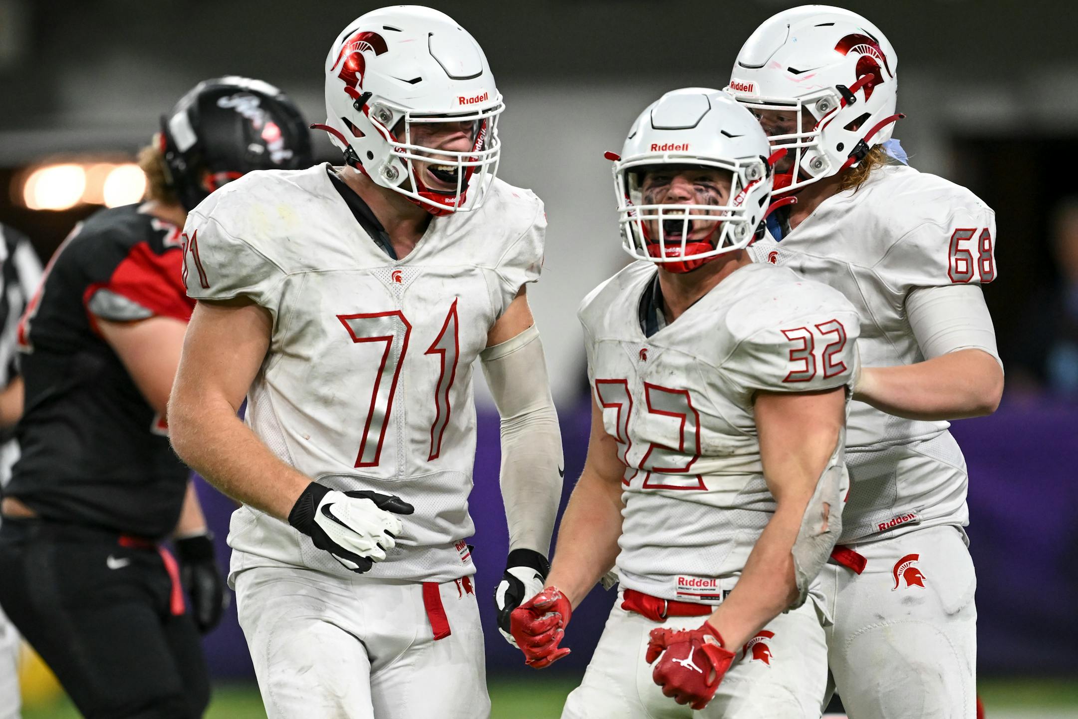 Simley linebacker Gavin Nelson (32) celebrates after he sacked Rocori Quarterback Jack Spanier (7) during the second half.