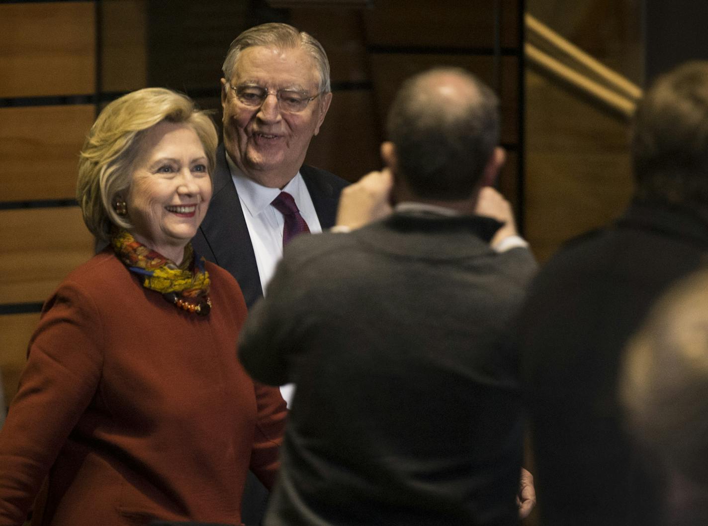 Presidential candidate Hillary Clinton walked in with former Vice President Walter Mondale before spoke at the University of Minnesota McNamara Alumni Center on Tuesday, December 15, 2015, in Minneapolis, Minn. ] RENEE JONES SCHNEIDER &#x2022; reneejones@startribune.com