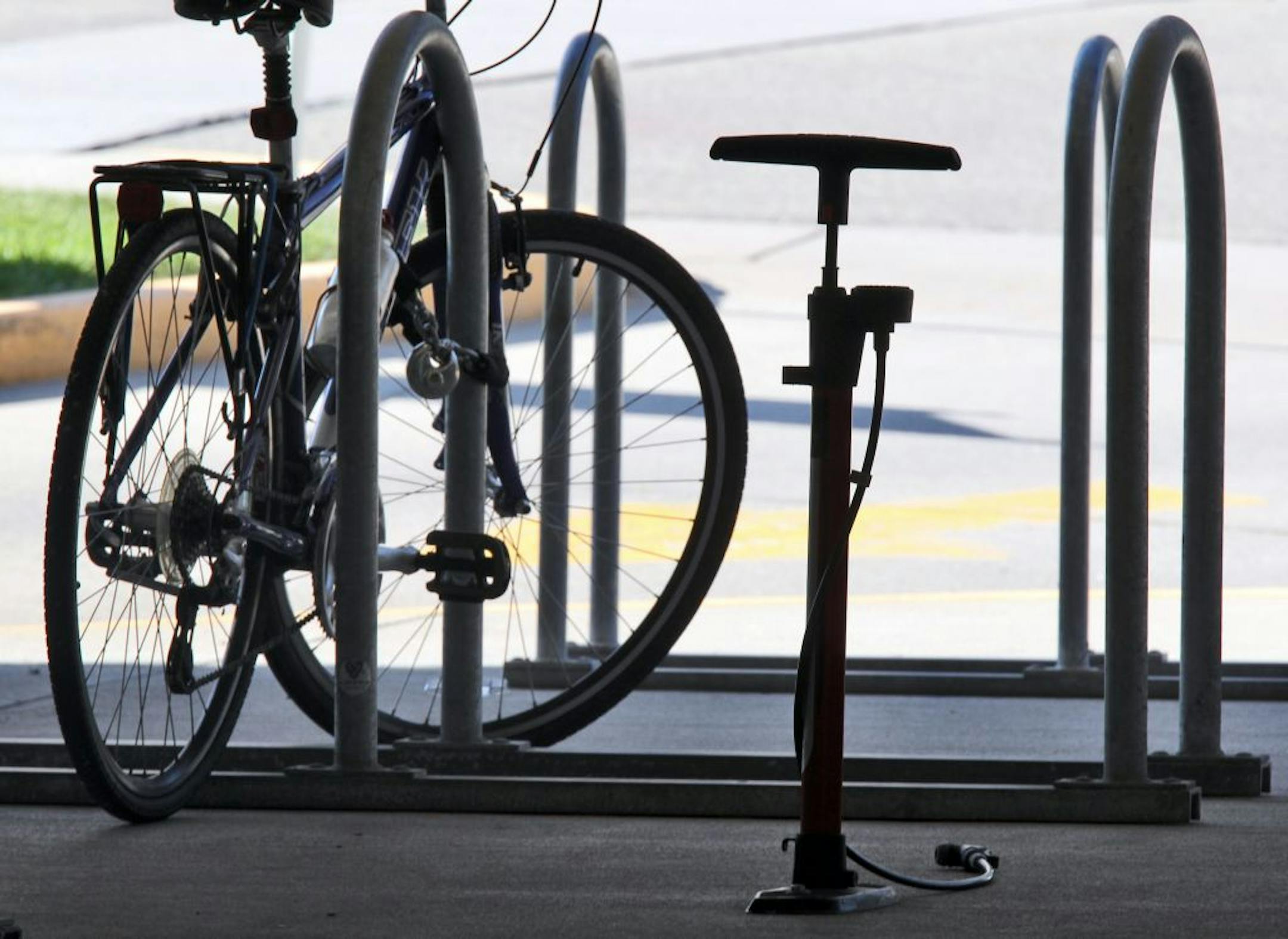 There are a number of bike-friendly spots around the Twin Cities including the courtyard adjoining the Minneapolis College of Art and Design. Numerous bikes are parked there and a bike tire air pump is left out for use at any time. A bike tire ari pump is ready for use.(MARLIN LEVISON/STARTRIBUNE(mlevison@startribune.com