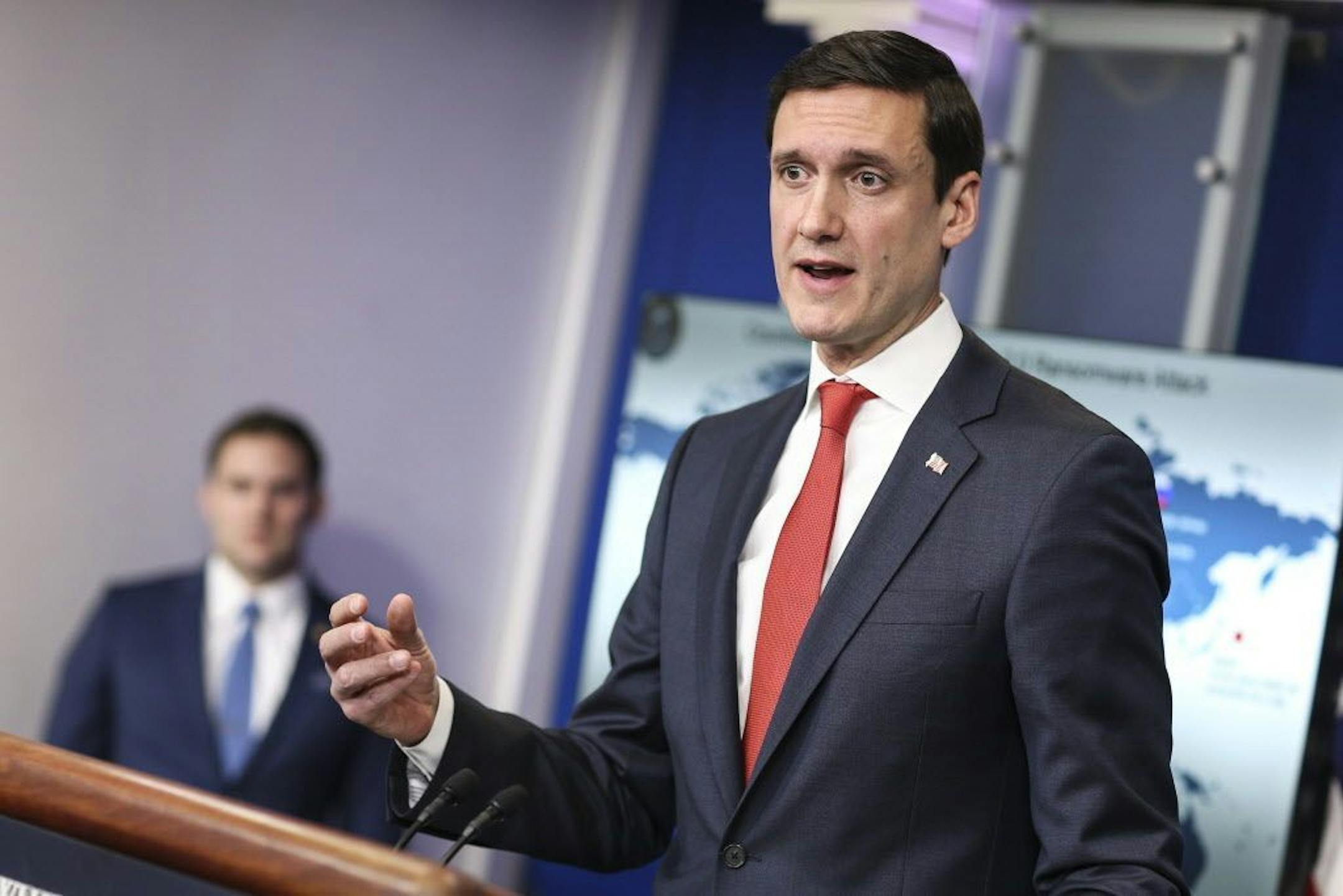 White House Homeland Security Adviser Tom Bossert speaks during a briefing on the attribution of the WannaCry Malware Attack to North Korea in the Brady Press Briefing Room at the White House, in Washington, DC., on Dec. 19, 2017. Bossert said Sunday April 8, 2018 that he "wouldn't take anything off the table" regarding a possible military response to the illicit use of chemical agents in Syria.