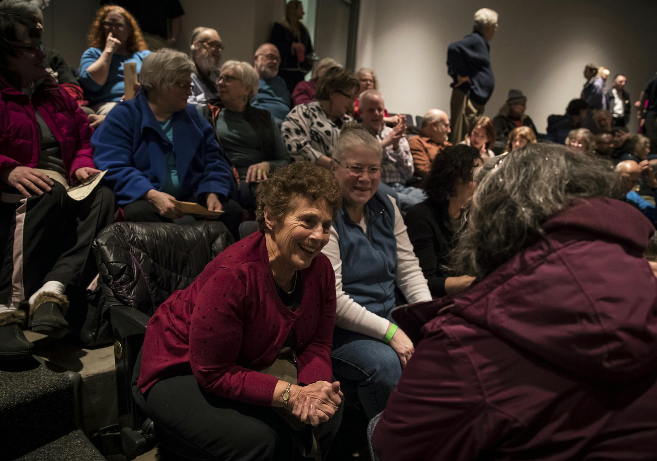 Sheila Harrow Brod (in red in center) greeted people around her as she and packed crowd took a minute to greet each other during an interfaith rally at the Highland Park Community Center on Thursday, March 2, 2017, in St. Paul, Minn. ] RENEE JONES SCHNEIDER &#x2022; renee.jones@startribune.com In reaction to recent bomb threats at JCCs here and around the country, Jewish Community Action invited St. Paul residents to an interfaith rally on Thursday in St. Paul.