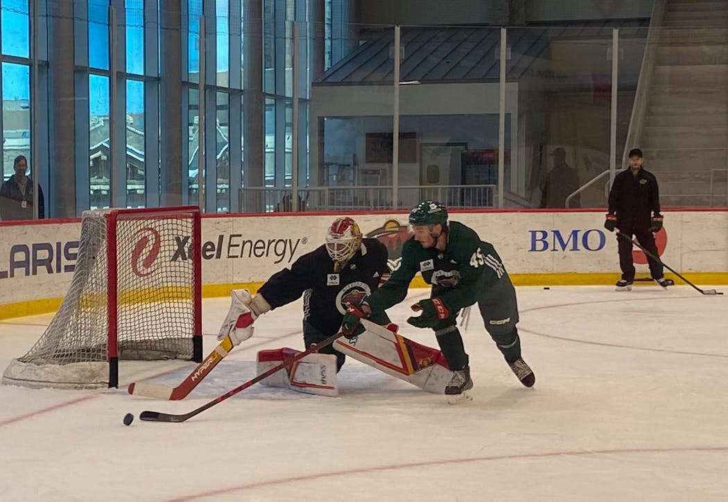 Jesper Wallstedt in action during the Wild’s development camp at Tria Rink.